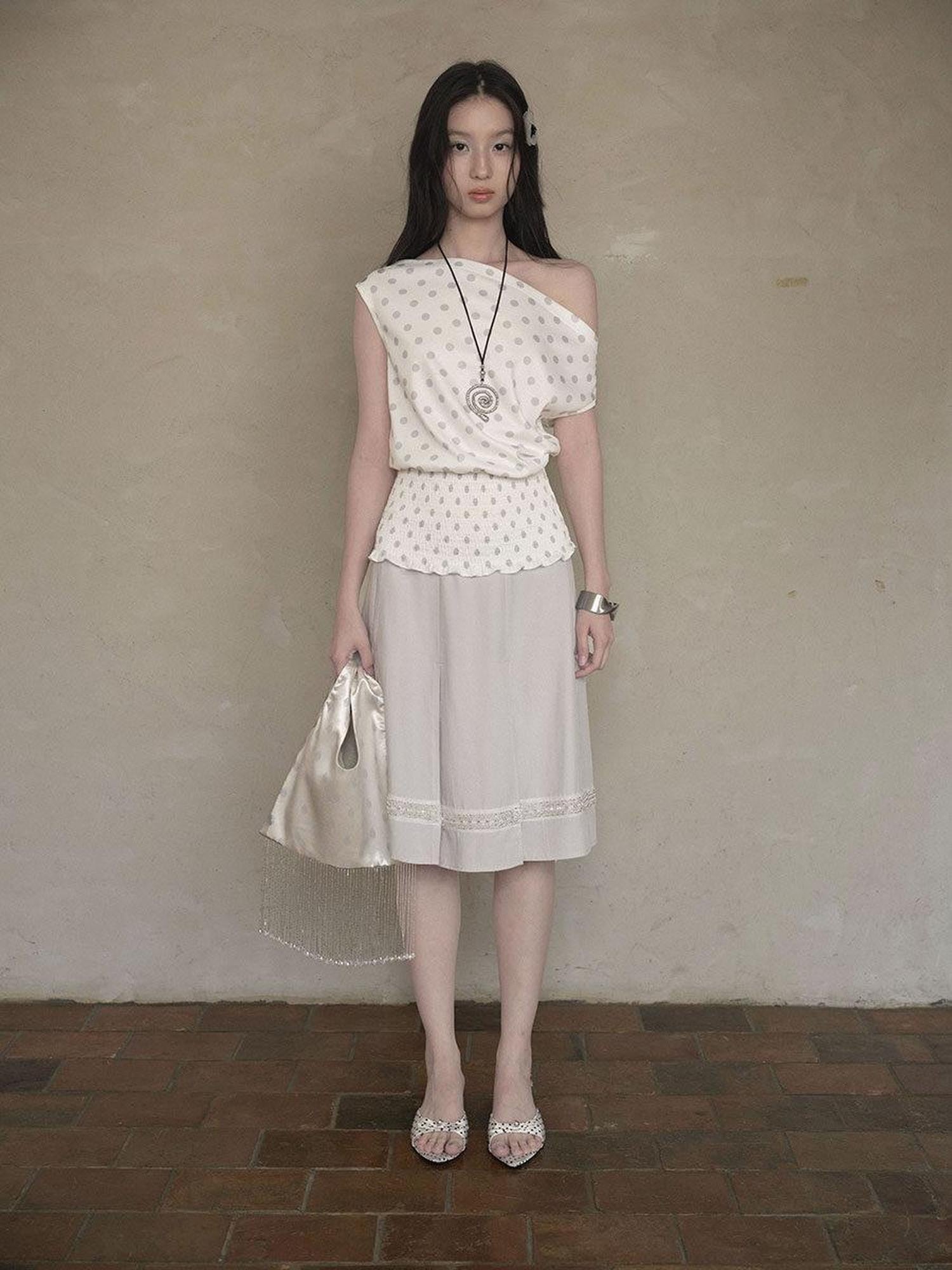 DKZ OFFICIAL Polka Dot Ruched Waist Slanted Neck Women&