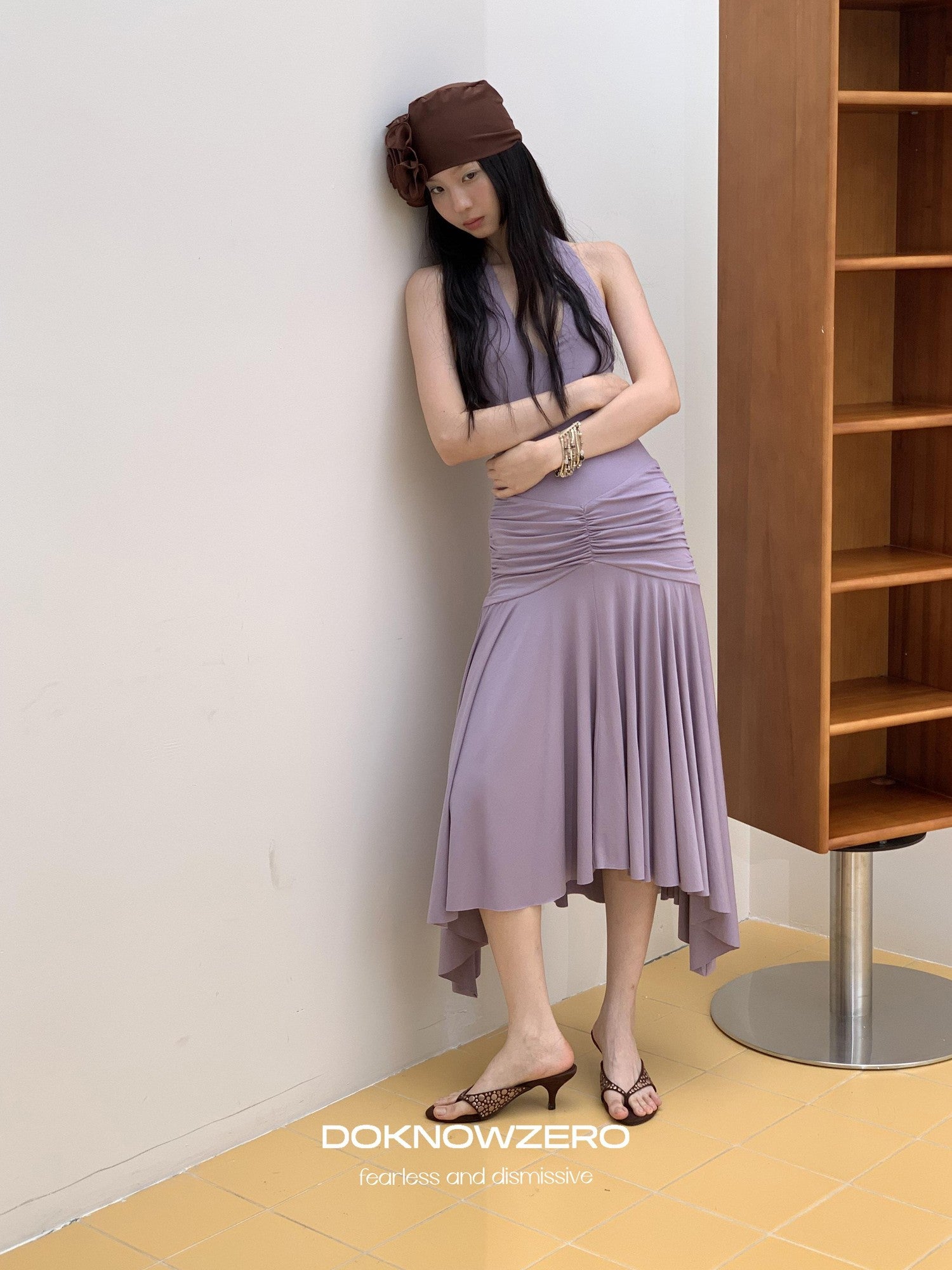 DKZ OFFICIAL Purple Deep V Halter Backless Pleated Women&