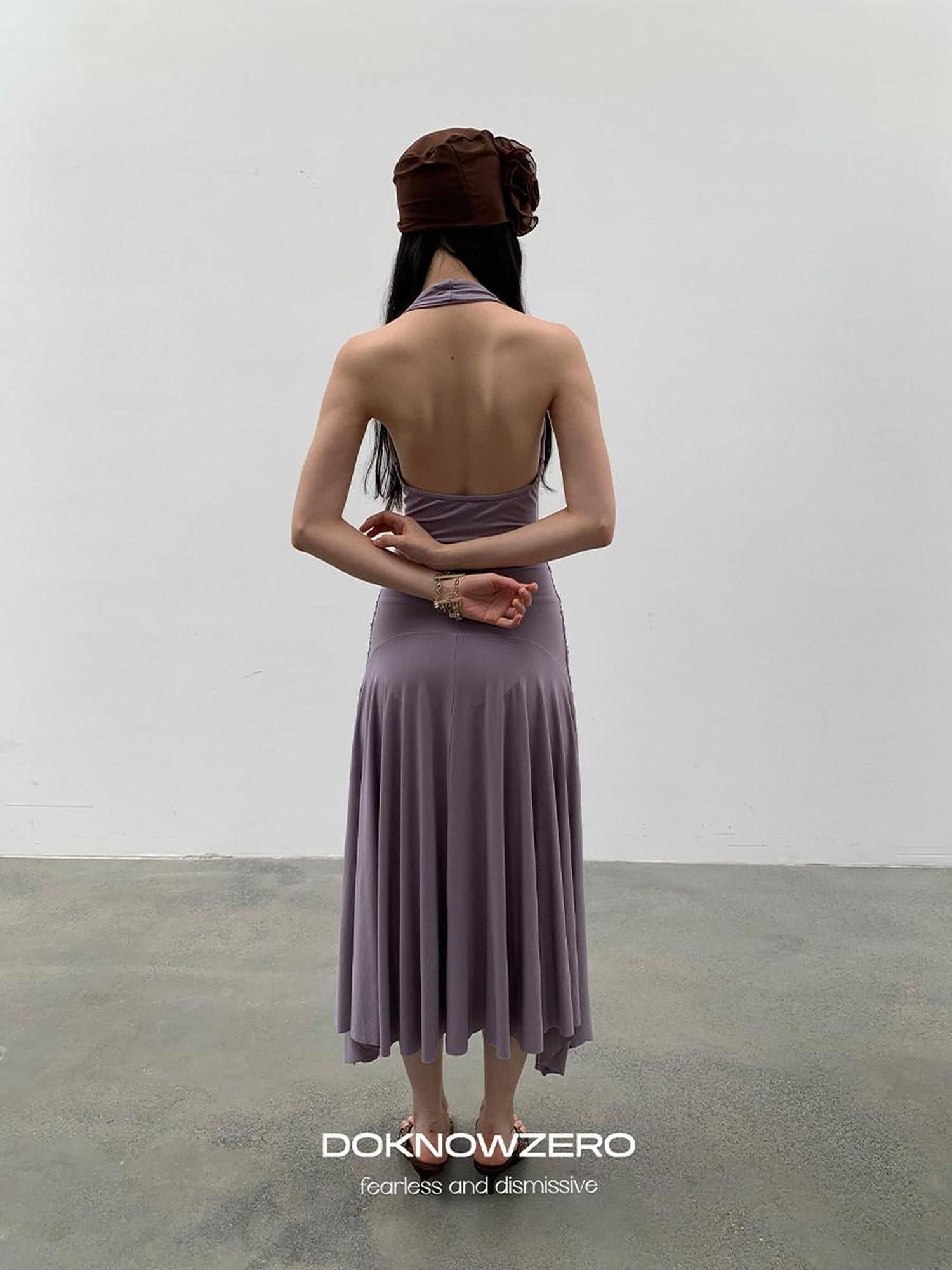 DKZ OFFICIAL Purple Deep V Halter Backless Pleated Women&