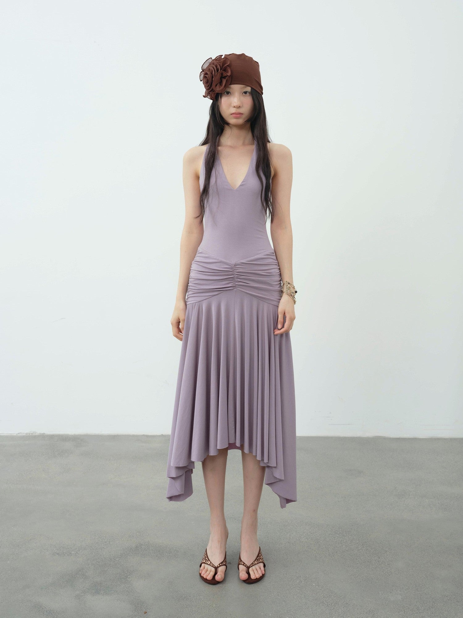 DKZ OFFICIAL Purple Deep V Halter Backless Pleated Women&