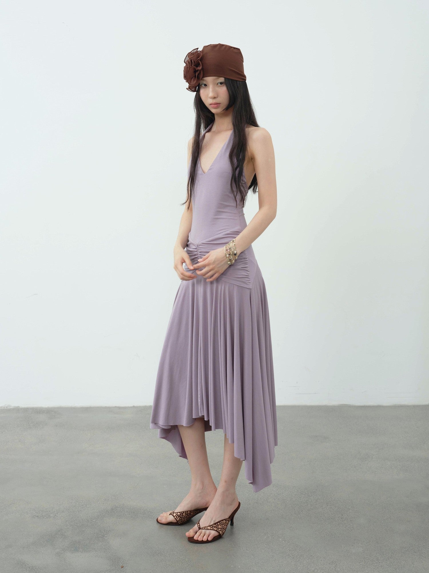 DKZ OFFICIAL Purple Deep V Halter Backless Pleated Women&