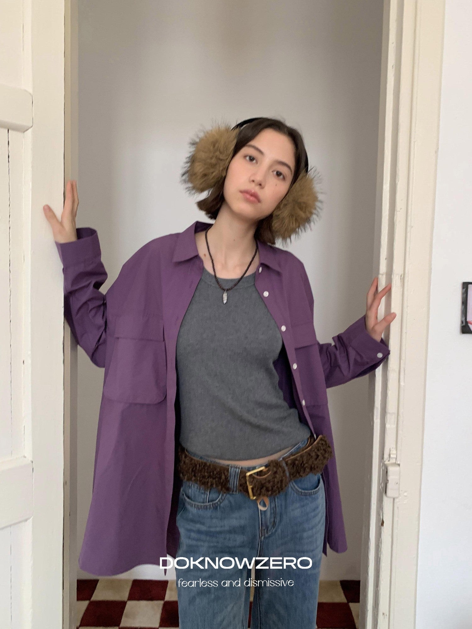 DKZ OFFICIAL Purple Oversized Lapel Patch Pocket Long Sleeve Women&
