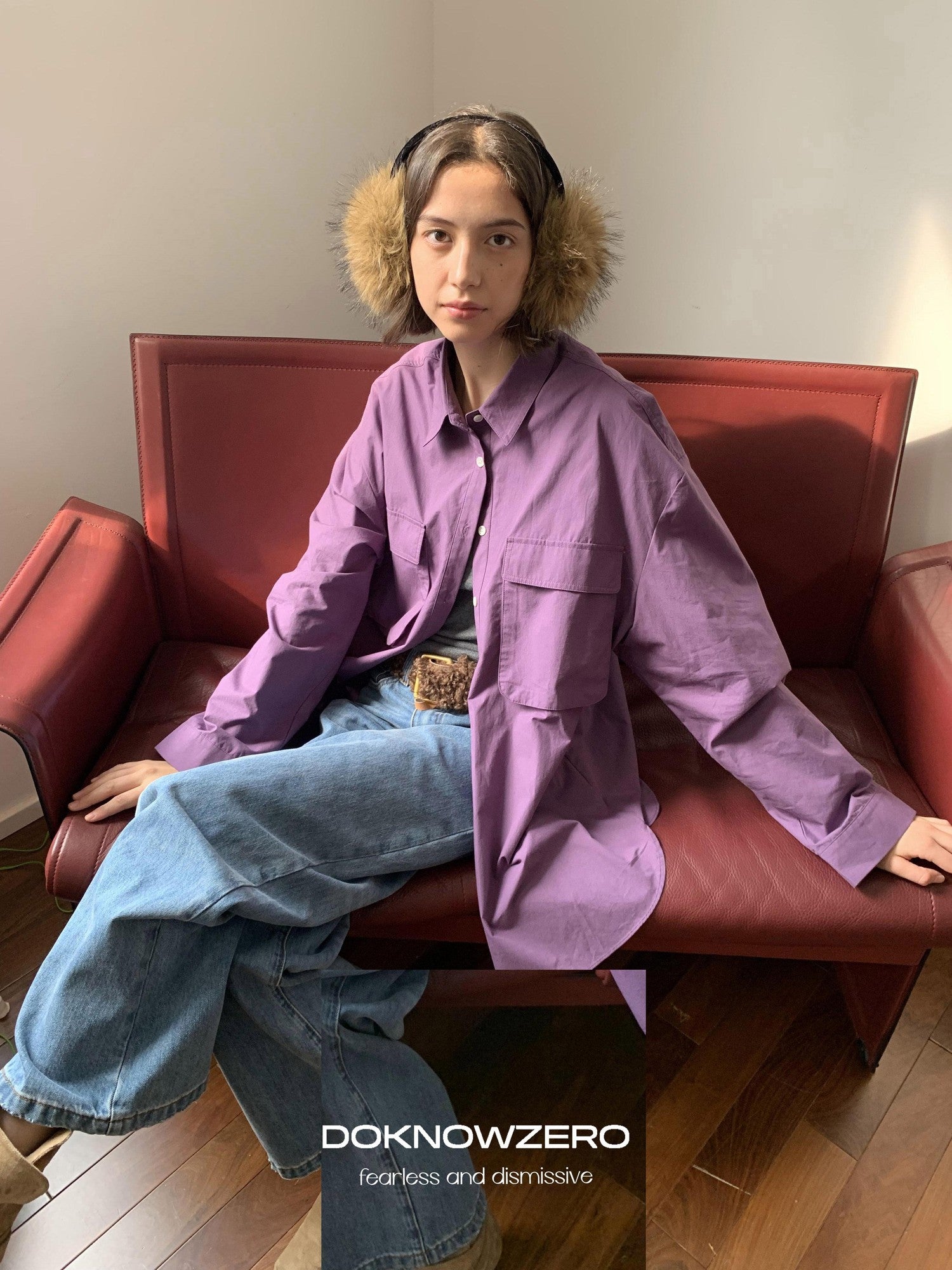 DKZ OFFICIAL Purple Oversized Lapel Patch Pocket Long Sleeve Women&