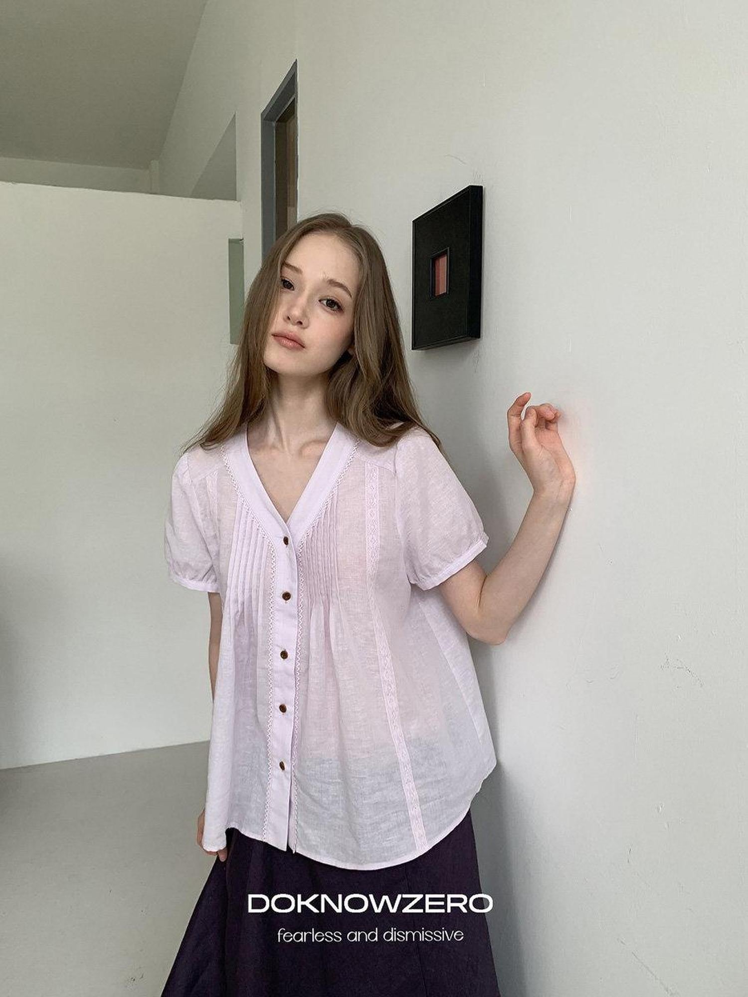 DKZ OFFICIAL Purple Pleated Embroidered V-neck Women&