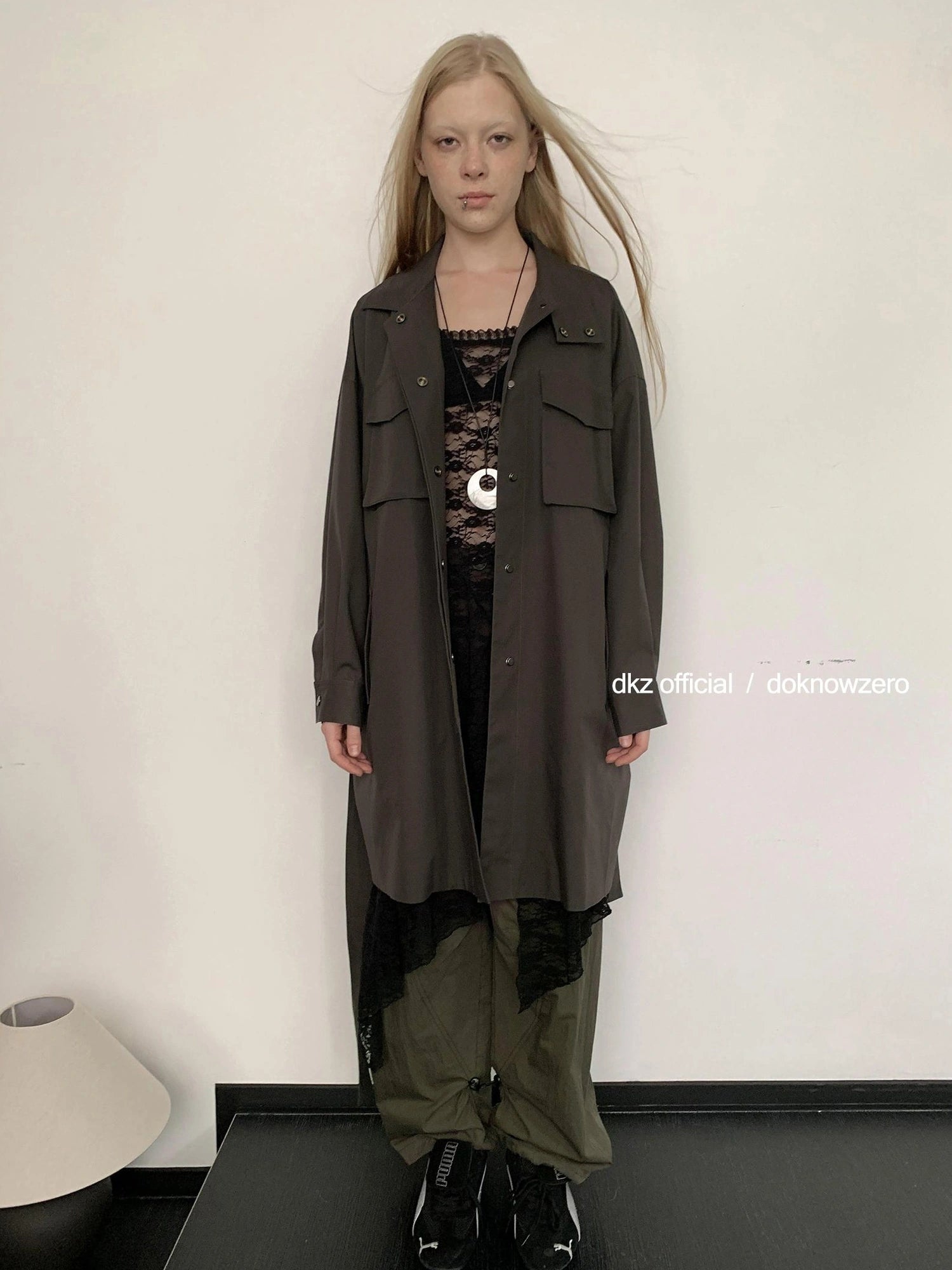 DKZ OFFICIAL Rayon Cotton Blend Grey Trench Coat With Pockets Mid Length Relaxed Fit