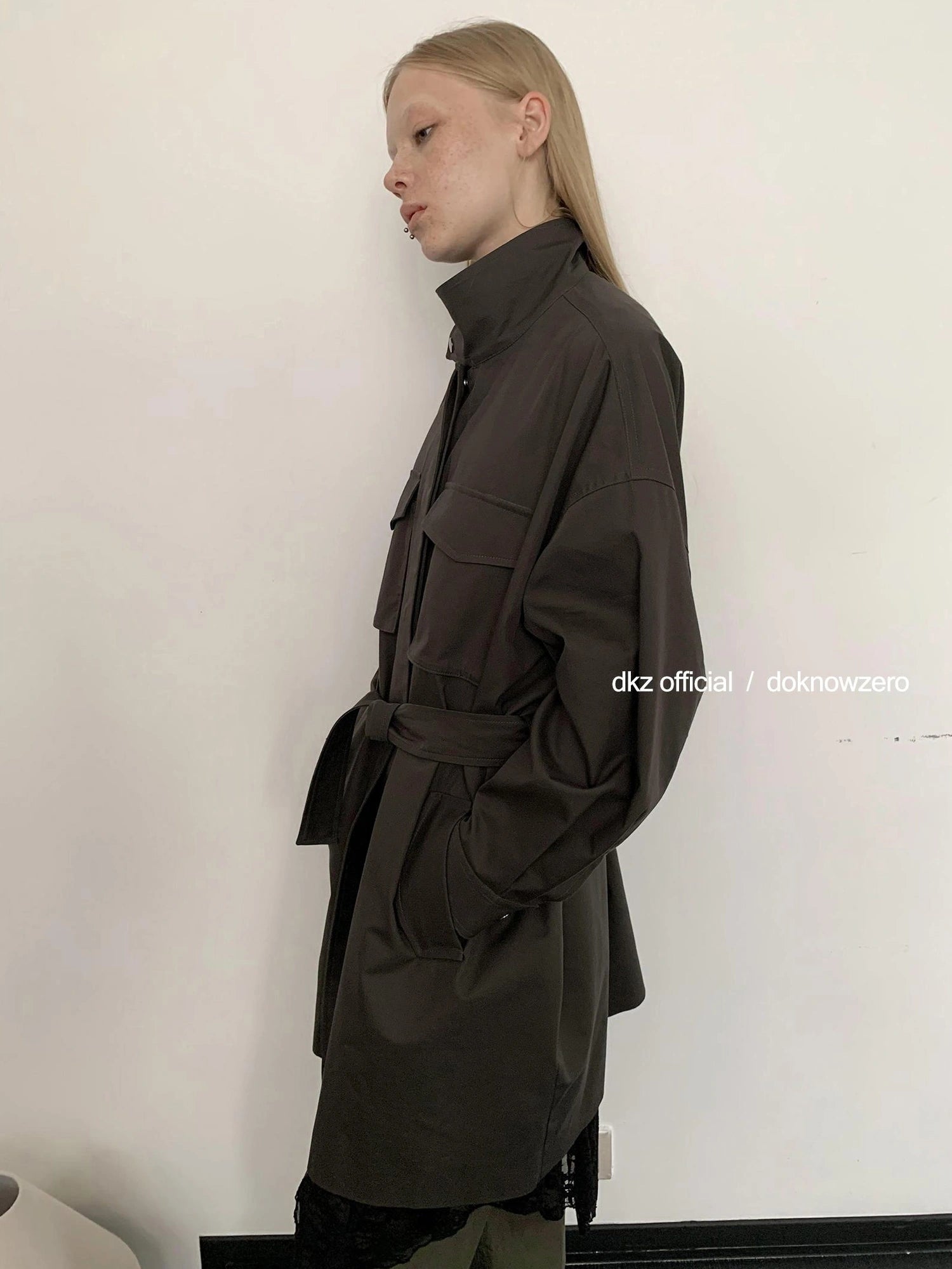 DKZ OFFICIAL Rayon Cotton Blend Grey Trench Coat With Pockets Mid Length Relaxed Fit