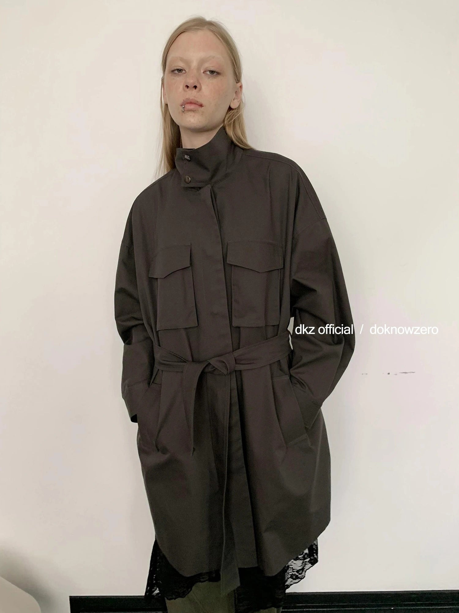 DKZ OFFICIAL Rayon Cotton Blend Grey Trench Coat With Pockets Mid Length Relaxed Fit