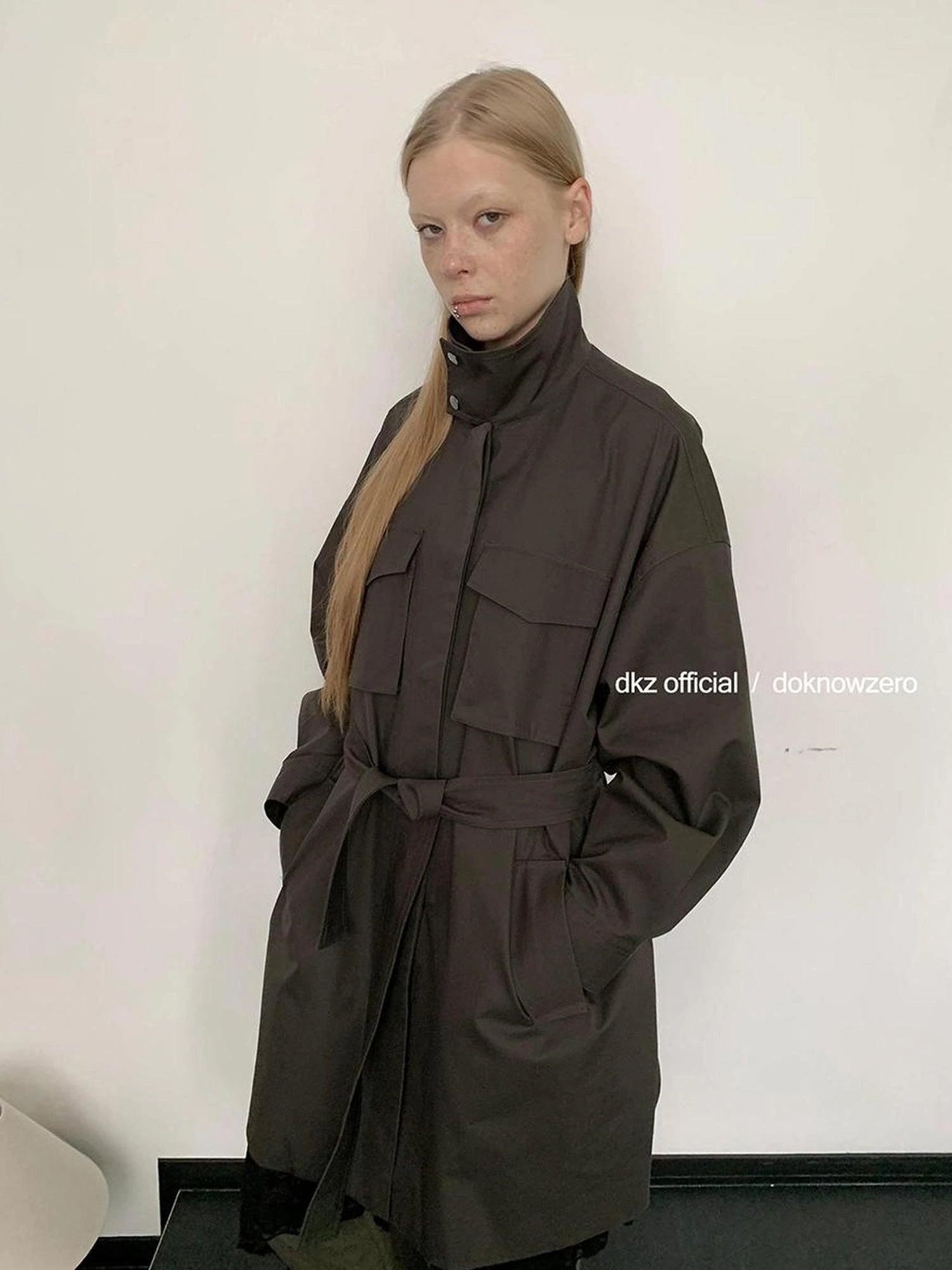 DKZ OFFICIAL Rayon Cotton Blend Grey Trench Coat With Pockets Mid Length Relaxed Fit