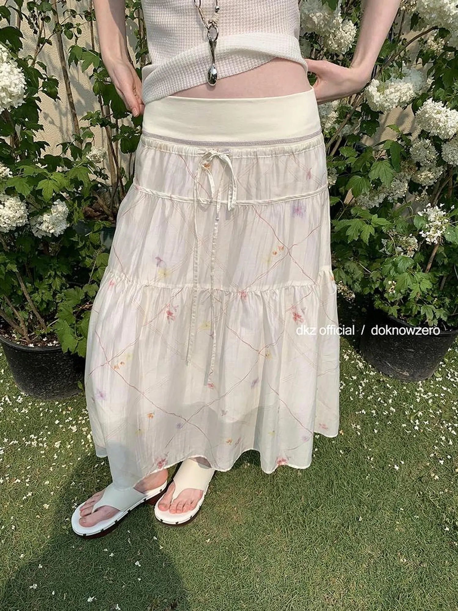 DKZ OFFICIAL Rayon Floral Print Knitted Waist Midi Skirt