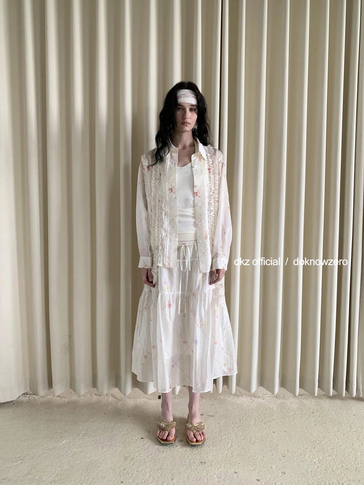 DKZ OFFICIAL Rayon Floral Print Knitted Waist Midi Skirt