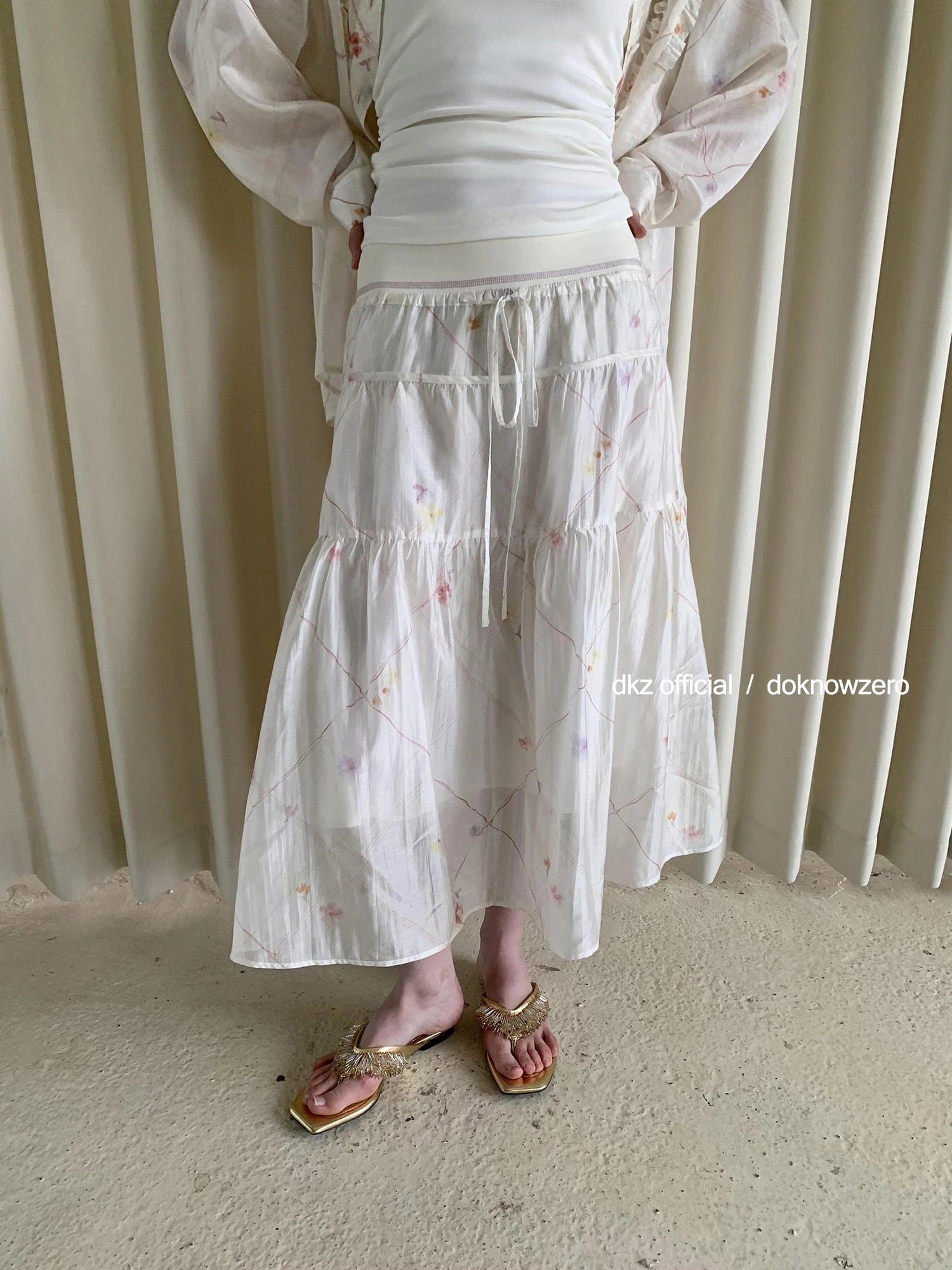 DKZ OFFICIAL Rayon Floral Print Knitted Waist Midi Skirt