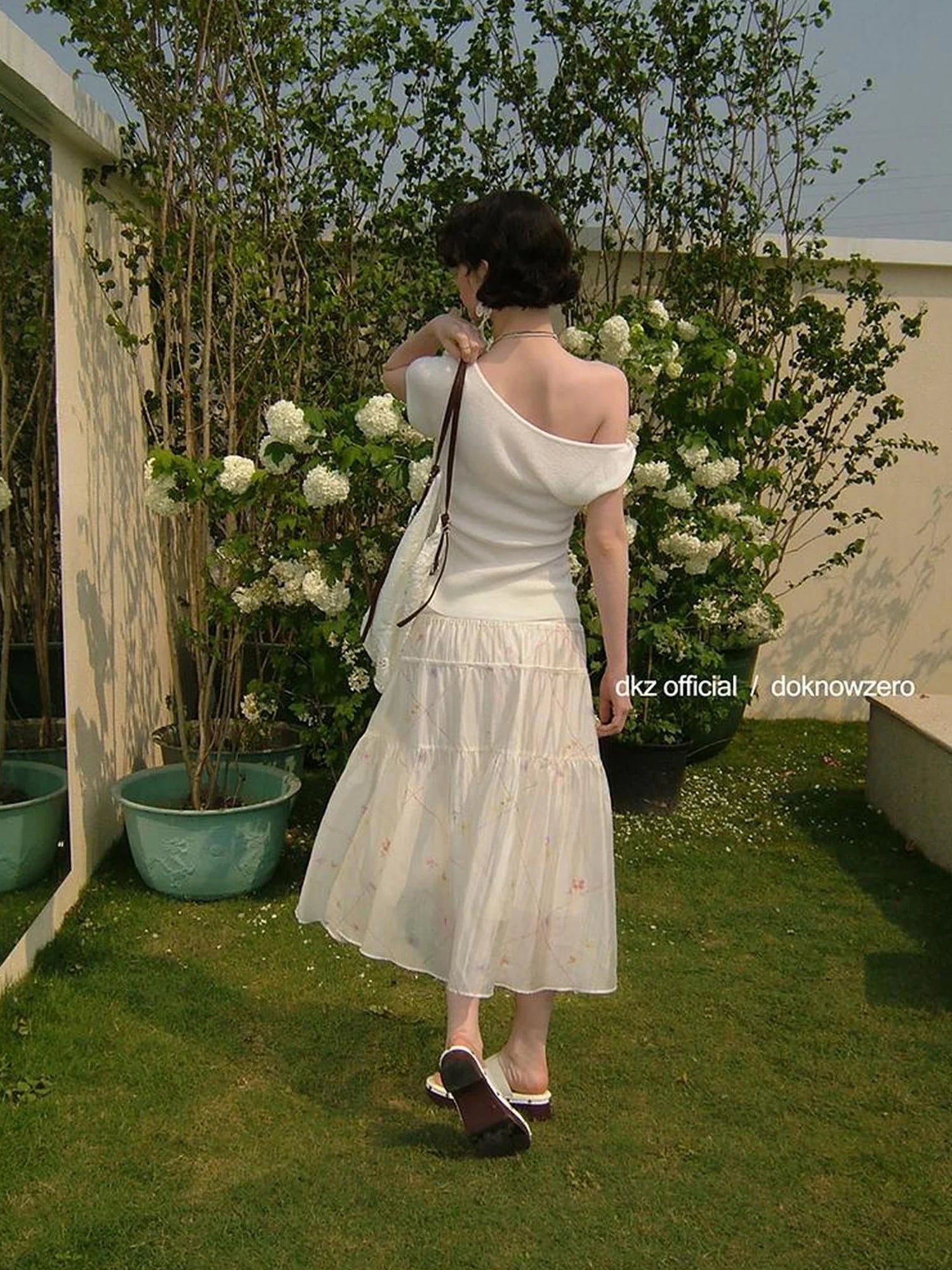 DKZ OFFICIAL Rayon Floral Print Knitted Waist Midi Skirt