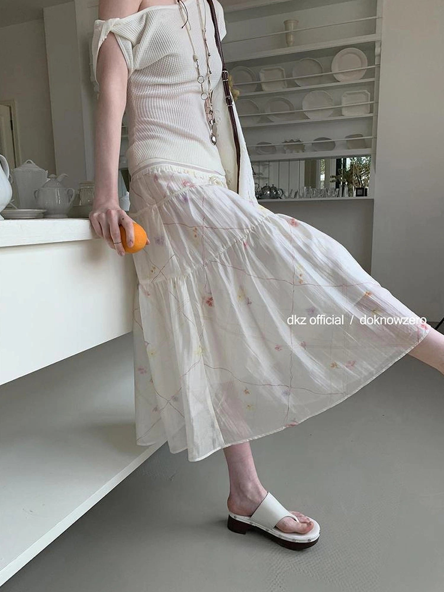 DKZ OFFICIAL Rayon Floral Print Knitted Waist Midi Skirt