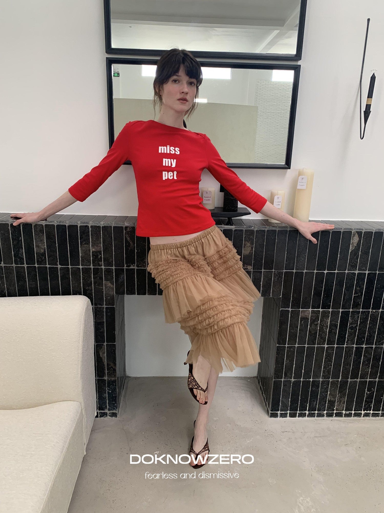 DKZ OFFICIAL Red Slogan Print Boat Neck Women&