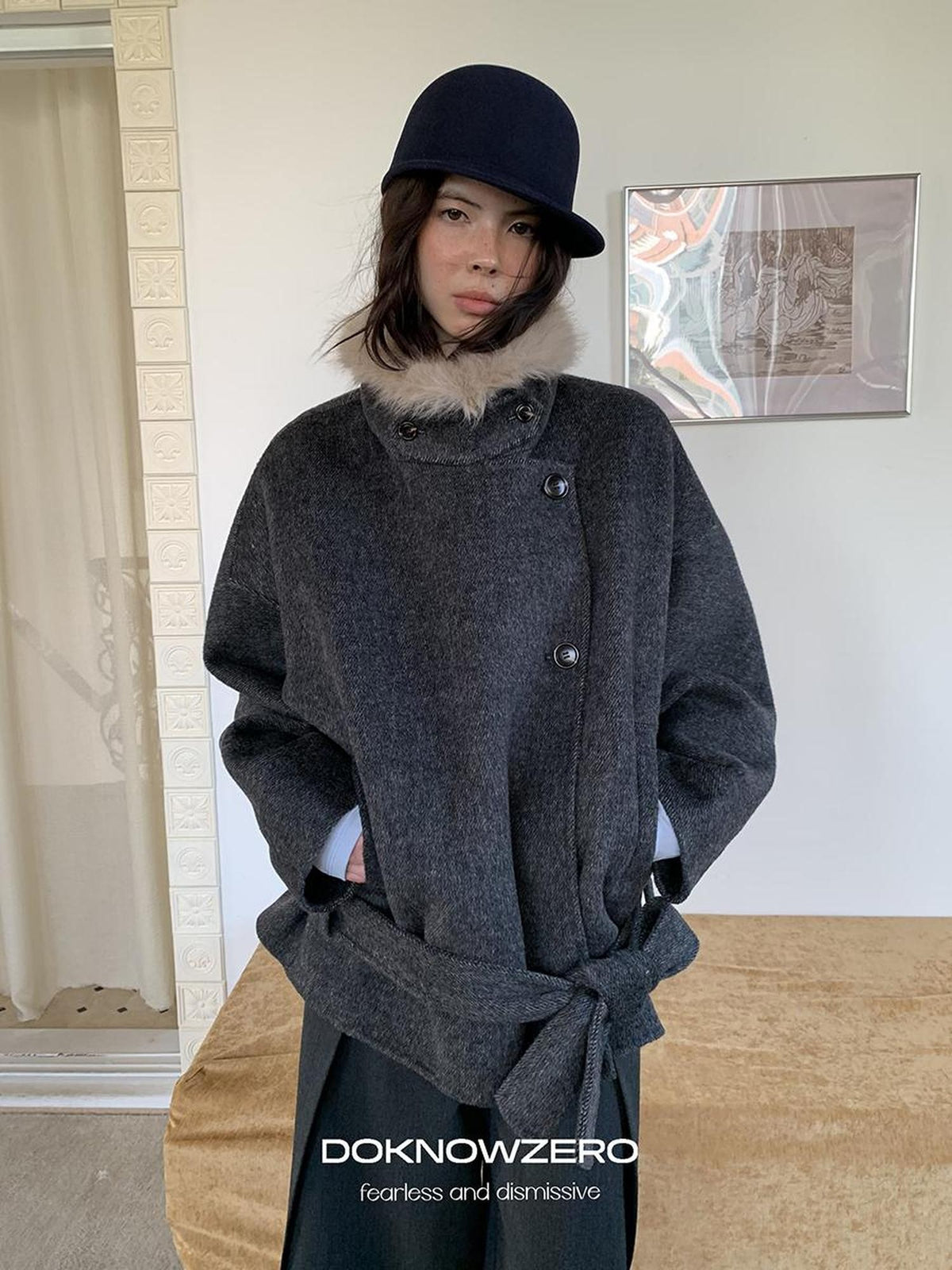 DKZ OFFICIAL Removable Fur Collar Double Faced Women&