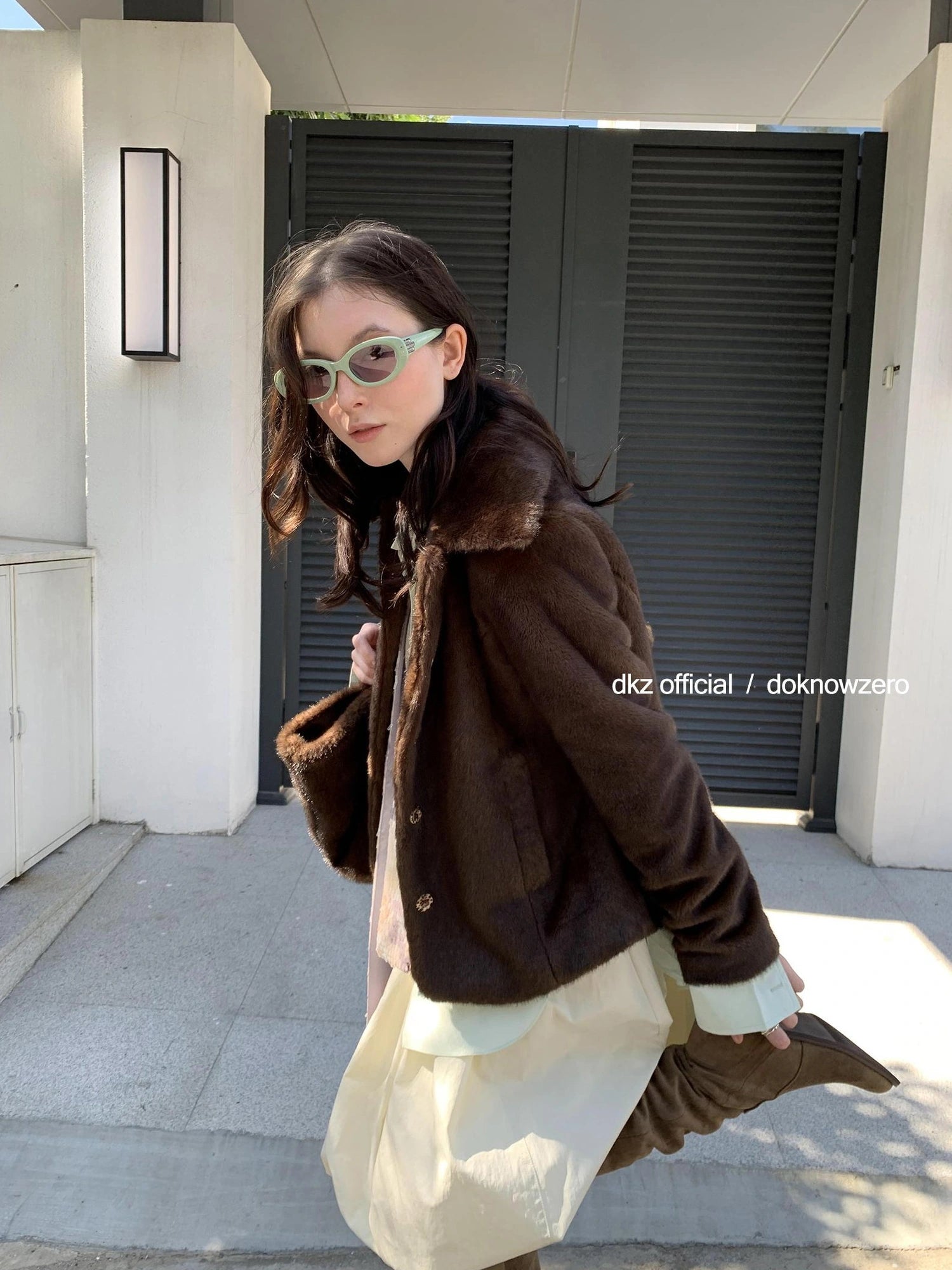 DKZ OFFICIAL Retro Brown Fuzzy Wool Blazer Women Winter Tweed Jacket