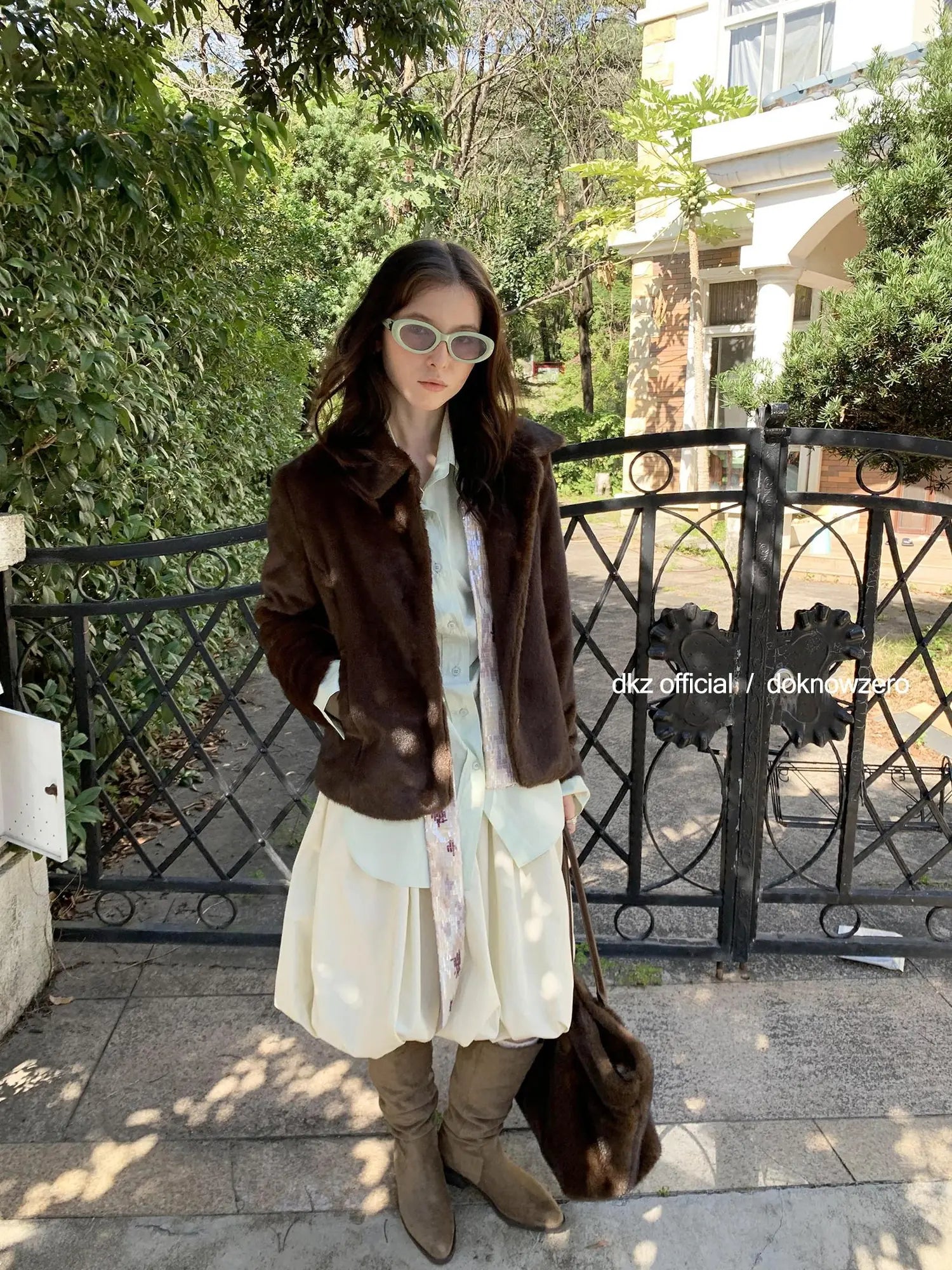 DKZ OFFICIAL Retro Brown Fuzzy Wool Blazer Women Winter Tweed Jacket