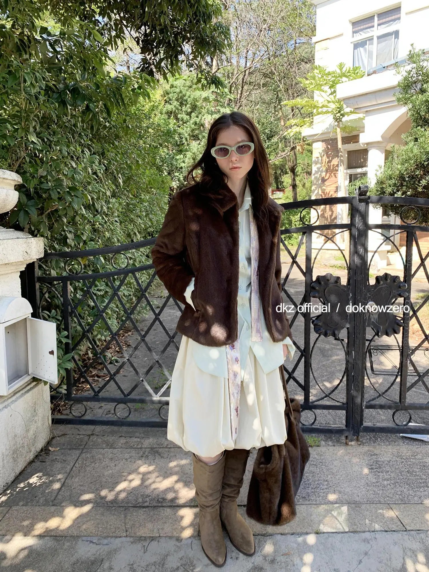 DKZ OFFICIAL Retro Brown Fuzzy Wool Blazer Women Winter Tweed Jacket