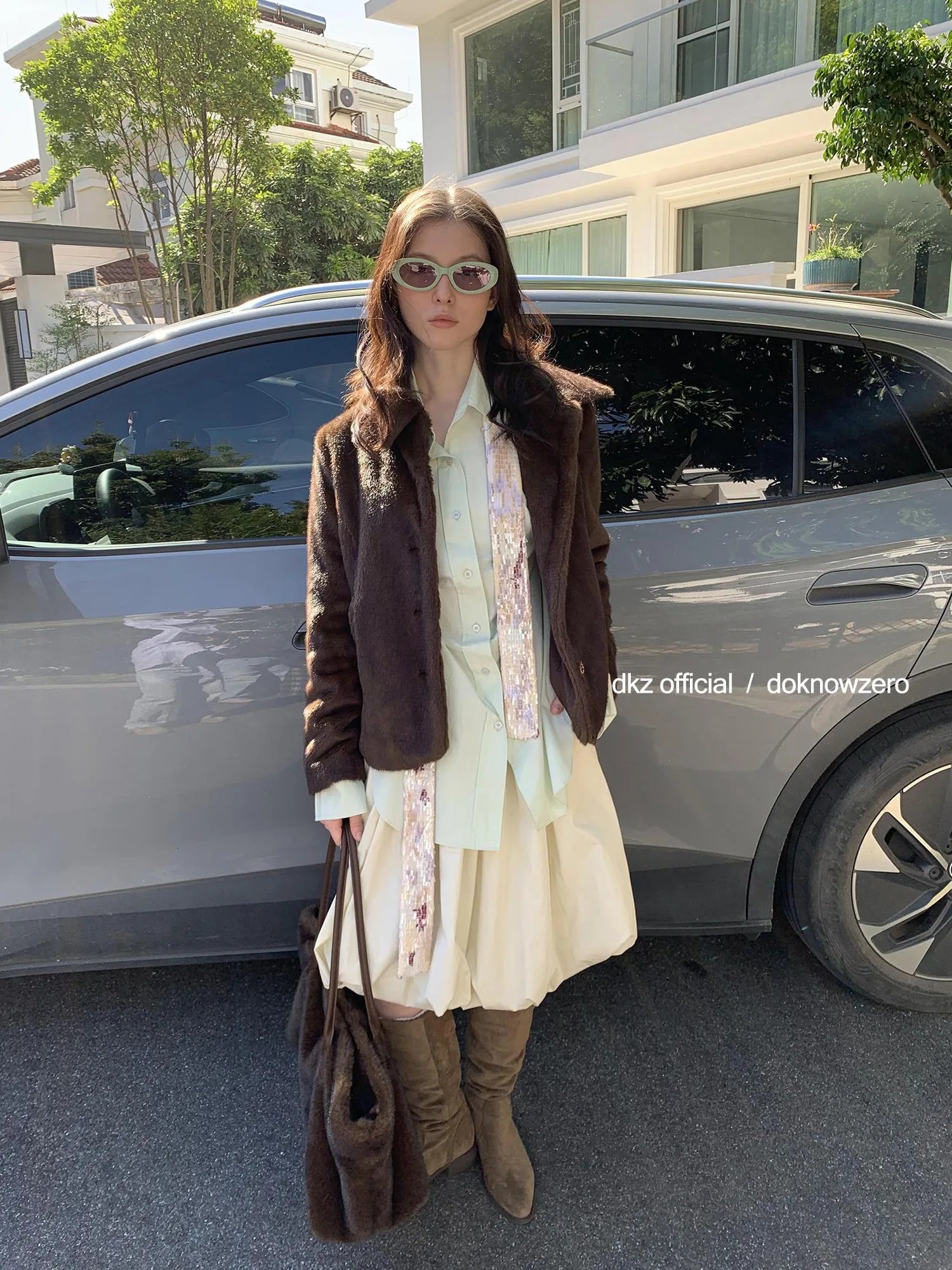 DKZ OFFICIAL Retro Brown Fuzzy Wool Blazer Women Winter Tweed Jacket