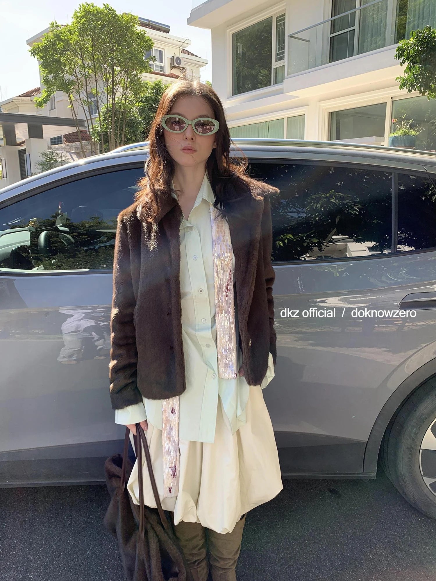 DKZ OFFICIAL Retro Brown Fuzzy Wool Blazer Women Winter Tweed Jacket