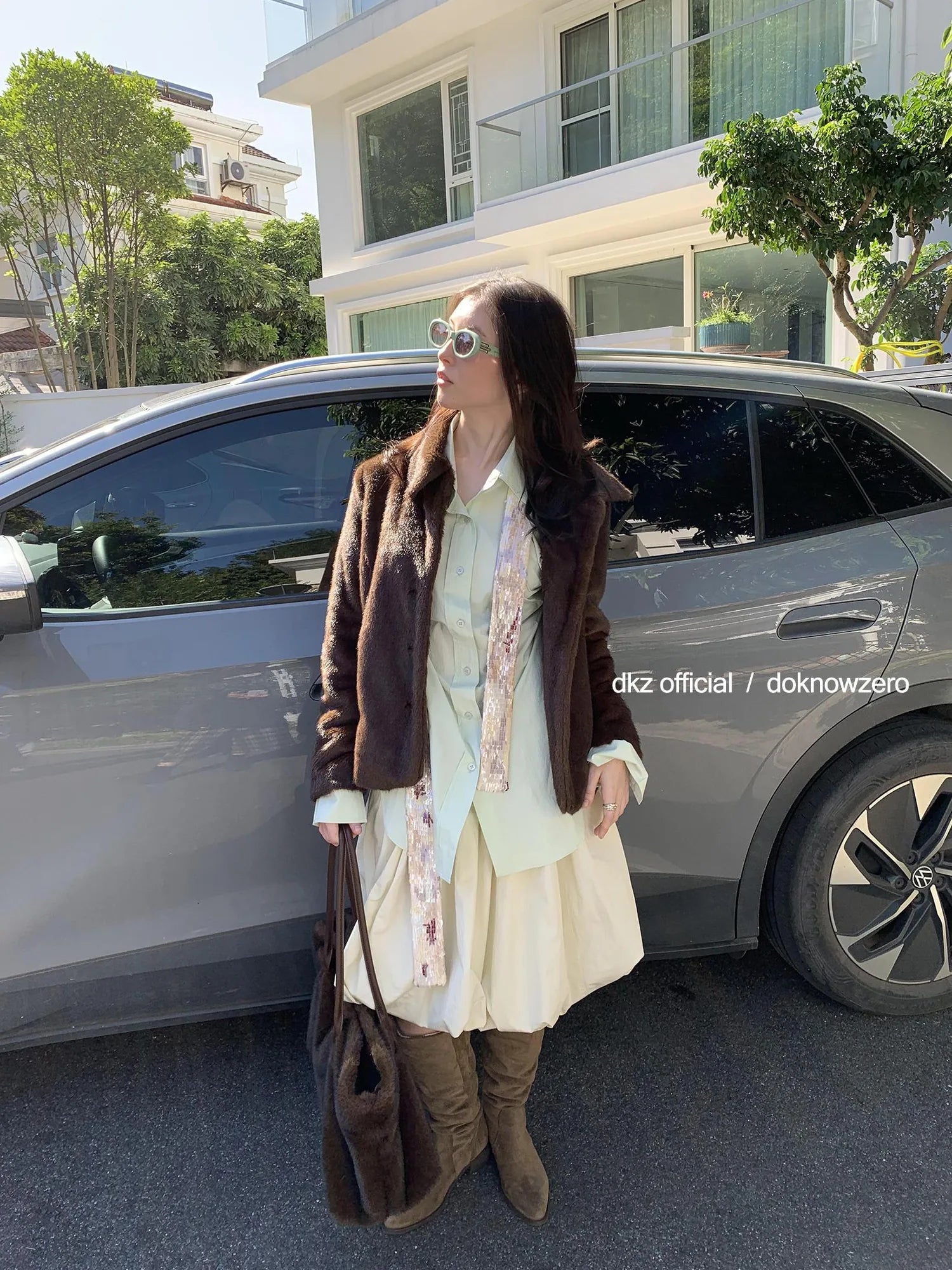 DKZ OFFICIAL Retro Brown Fuzzy Wool Blazer Women Winter Tweed Jacket