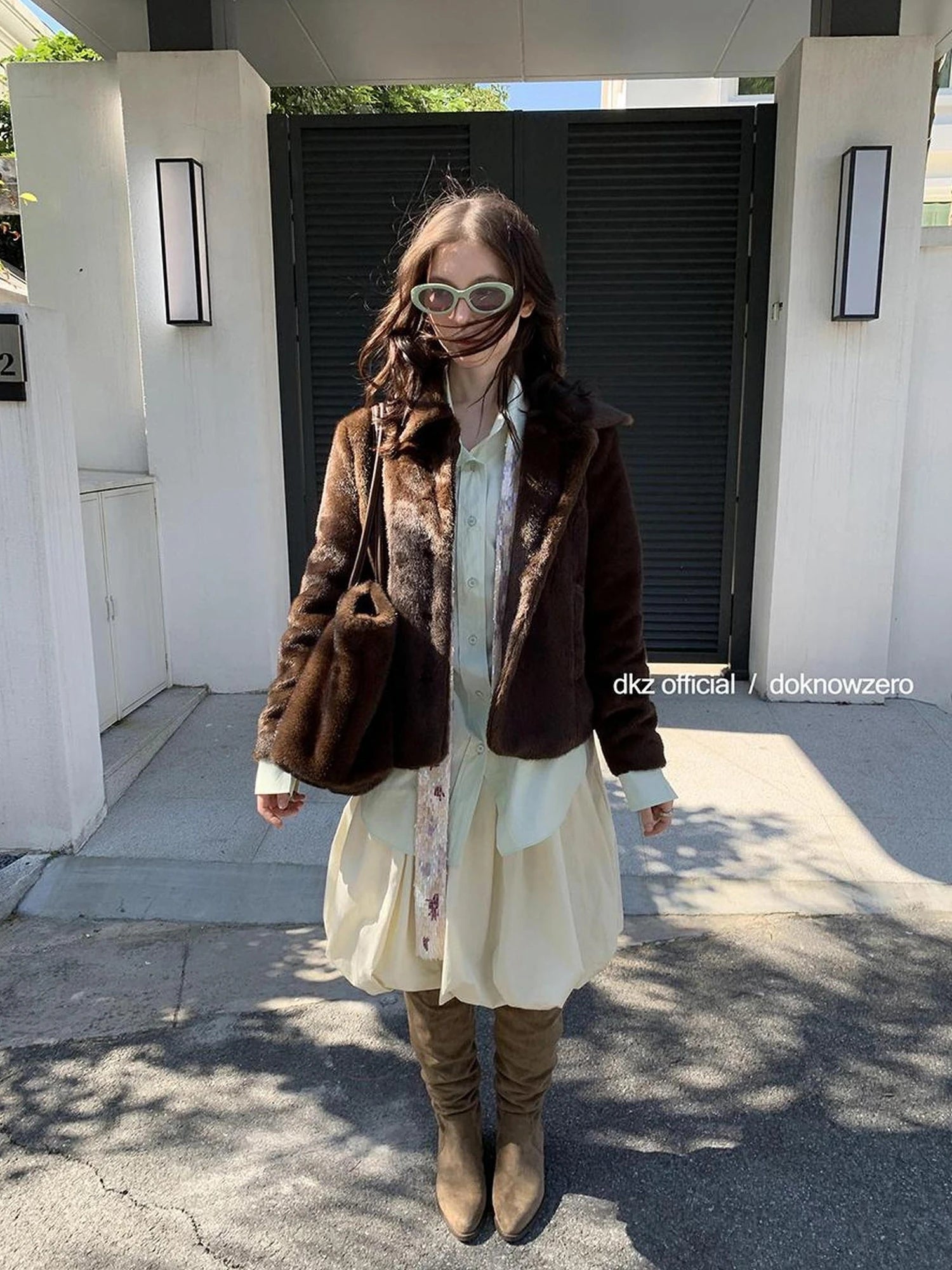 DKZ OFFICIAL Retro Brown Fuzzy Wool Blazer Women Winter Tweed Jacket