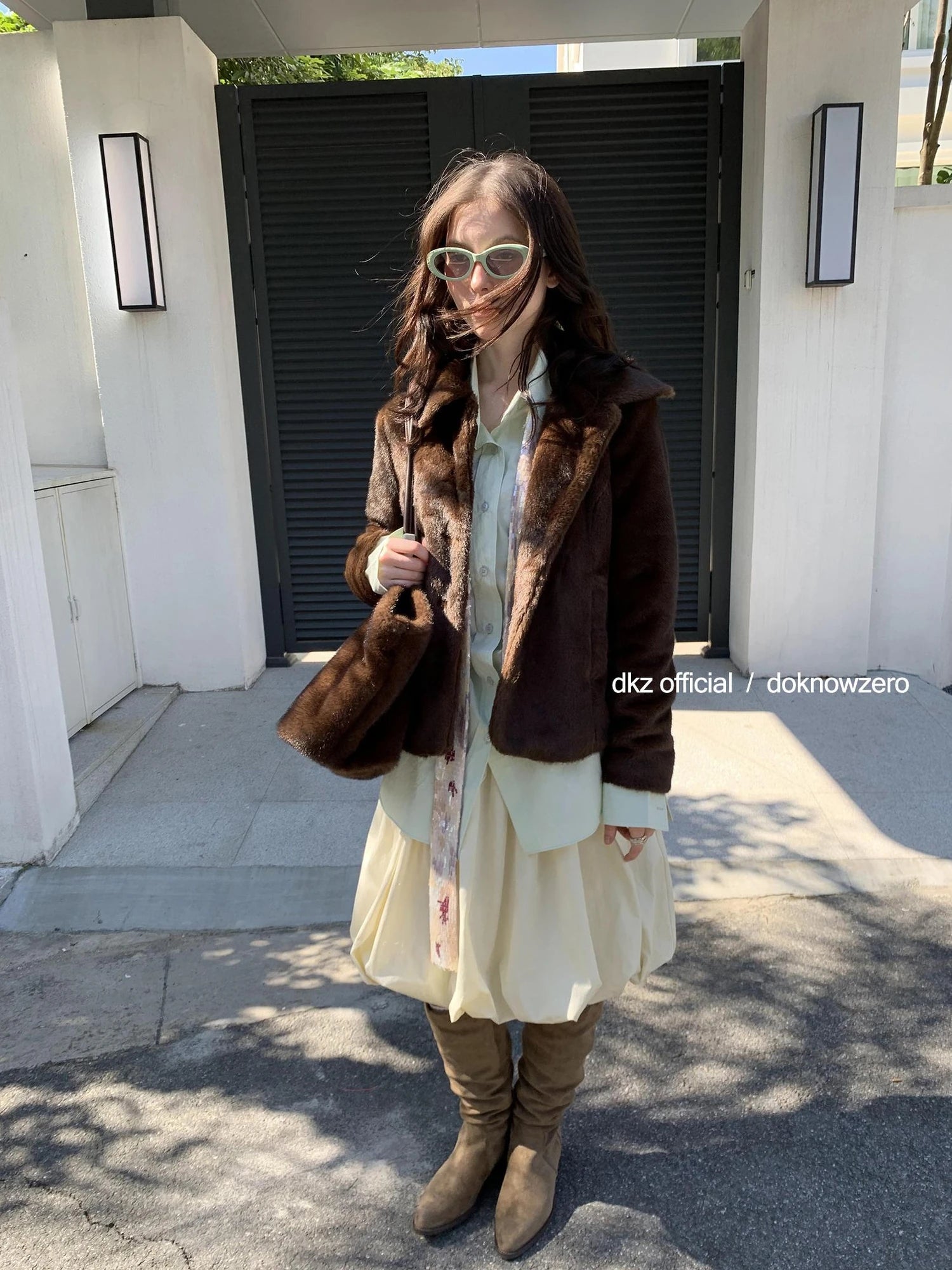 DKZ OFFICIAL Retro Brown Fuzzy Wool Blazer Women Winter Tweed Jacket