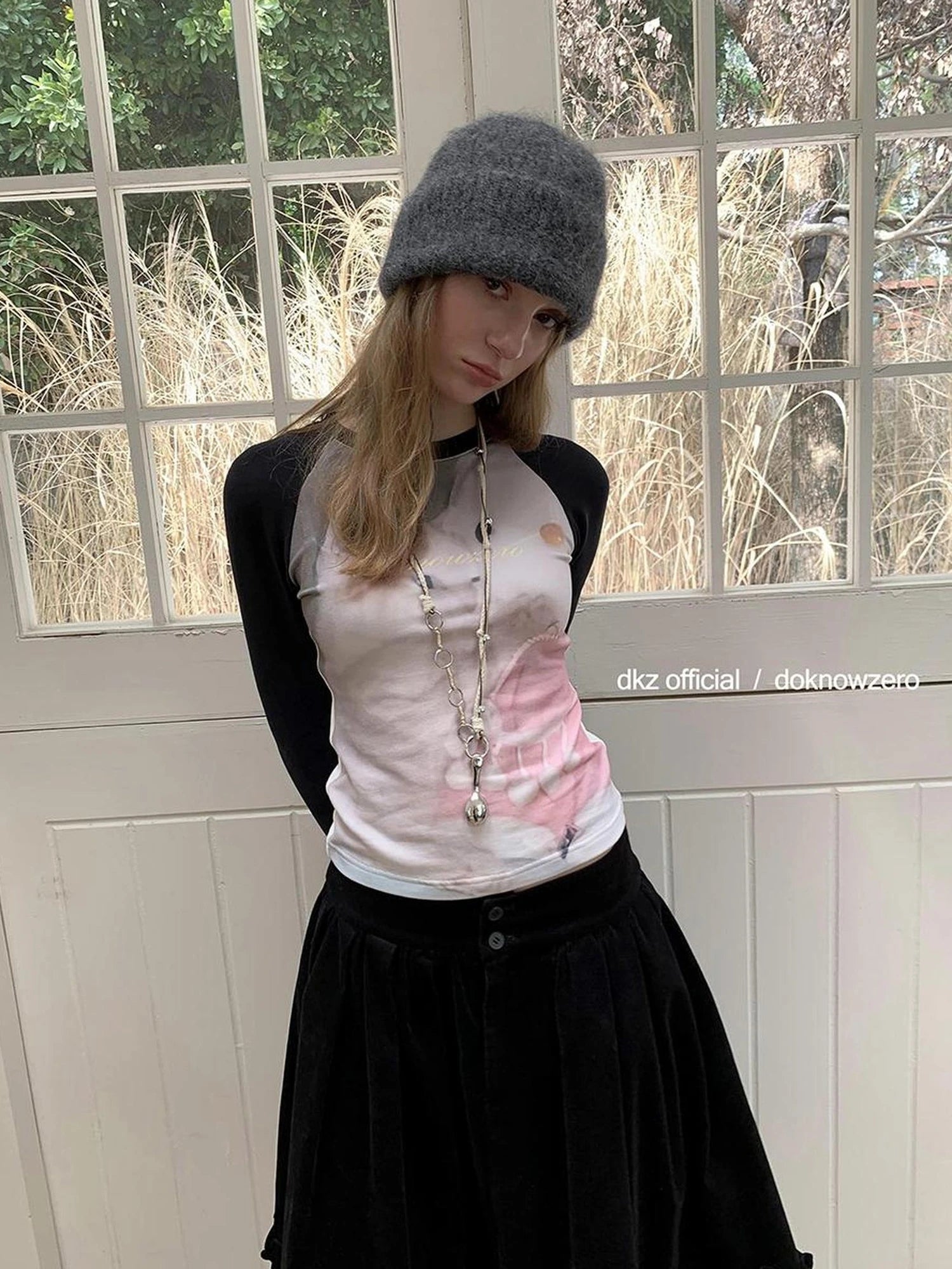 DKZ OFFICIAL Retro Dreamcore Cat Print Raglan Long Sleeve T-shirt