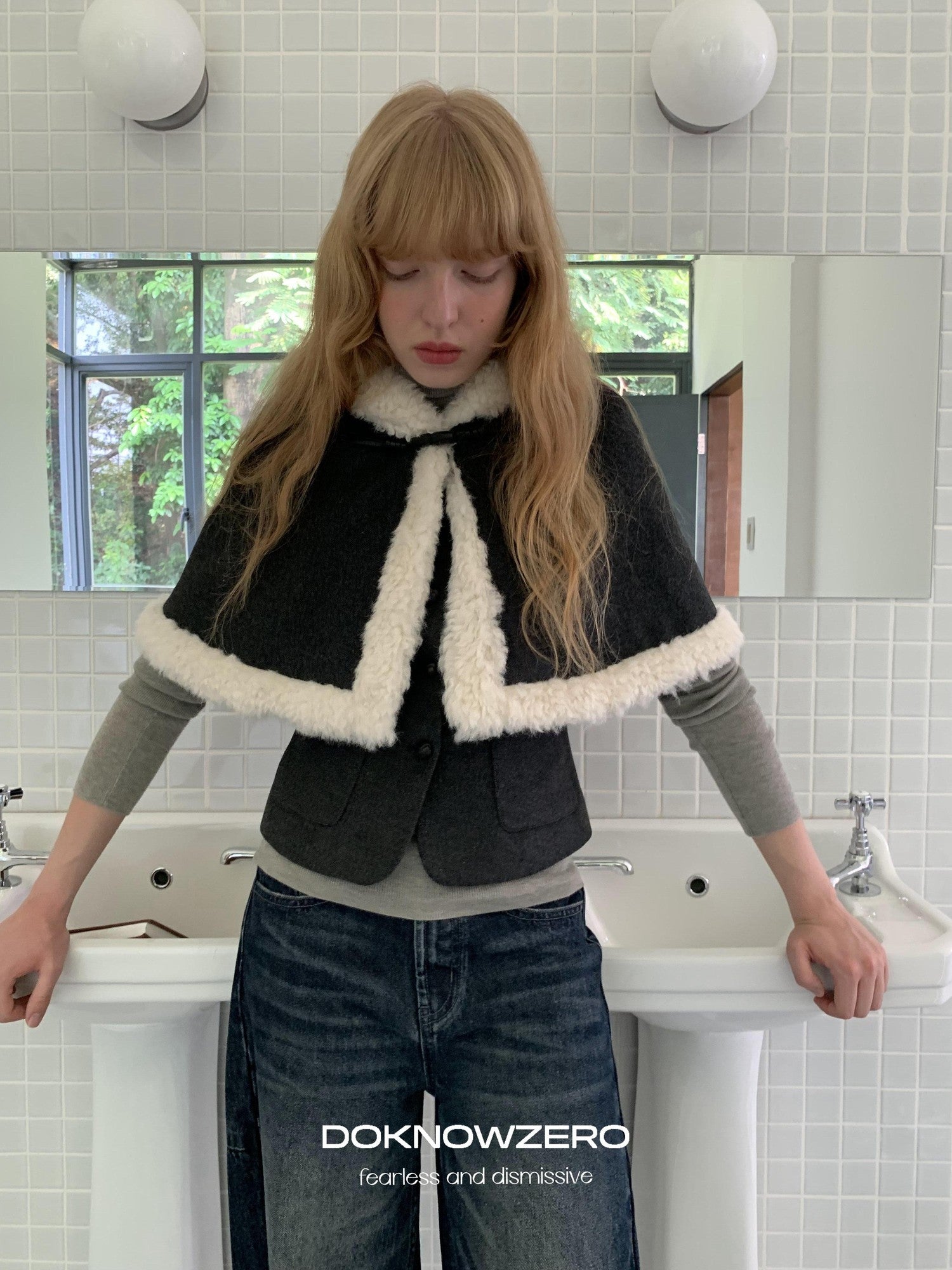 DKZ OFFICIAL Retro Frayed Hem Padded Cape Style Women&