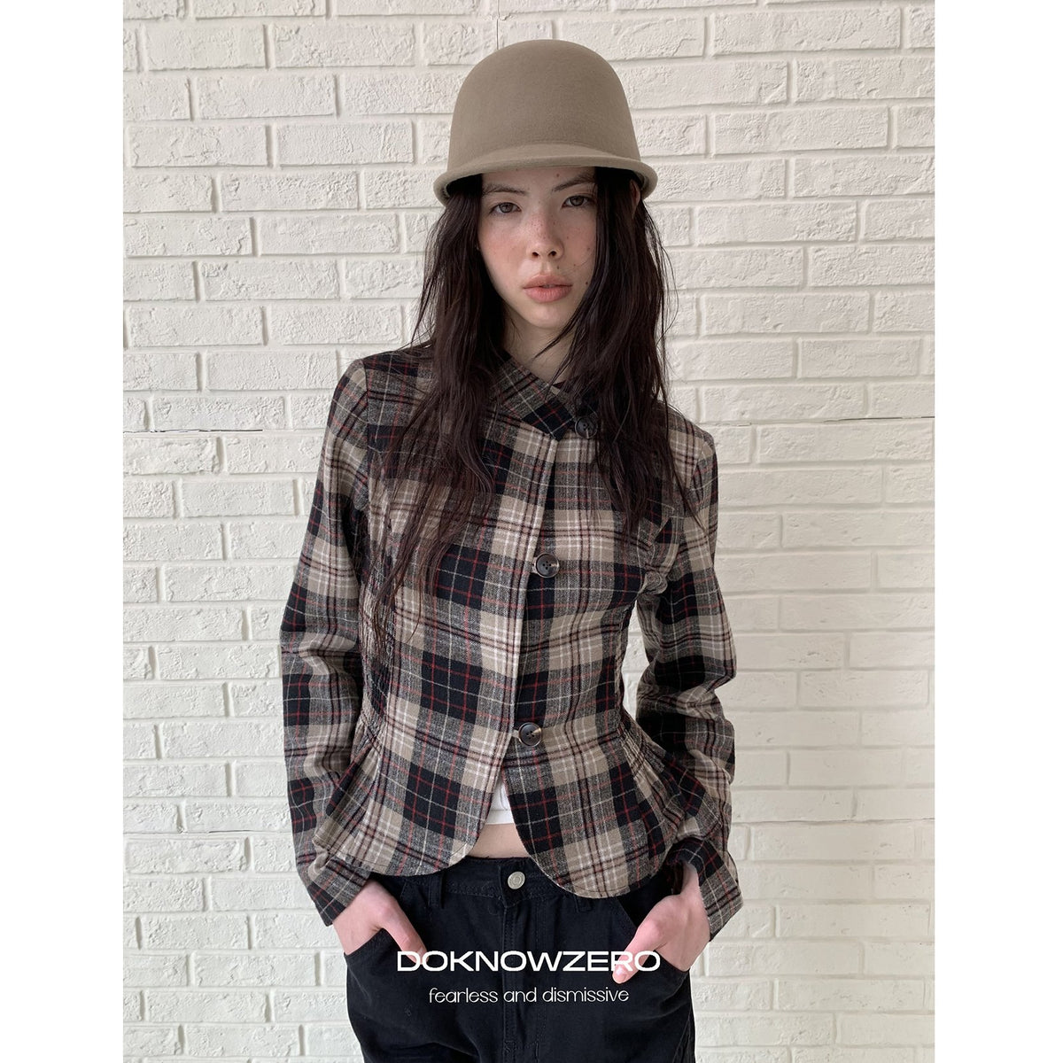 DKZ_OFFICIAL_Retro_Plaid_Cinched_Waist_Long_Sleeve_Women&