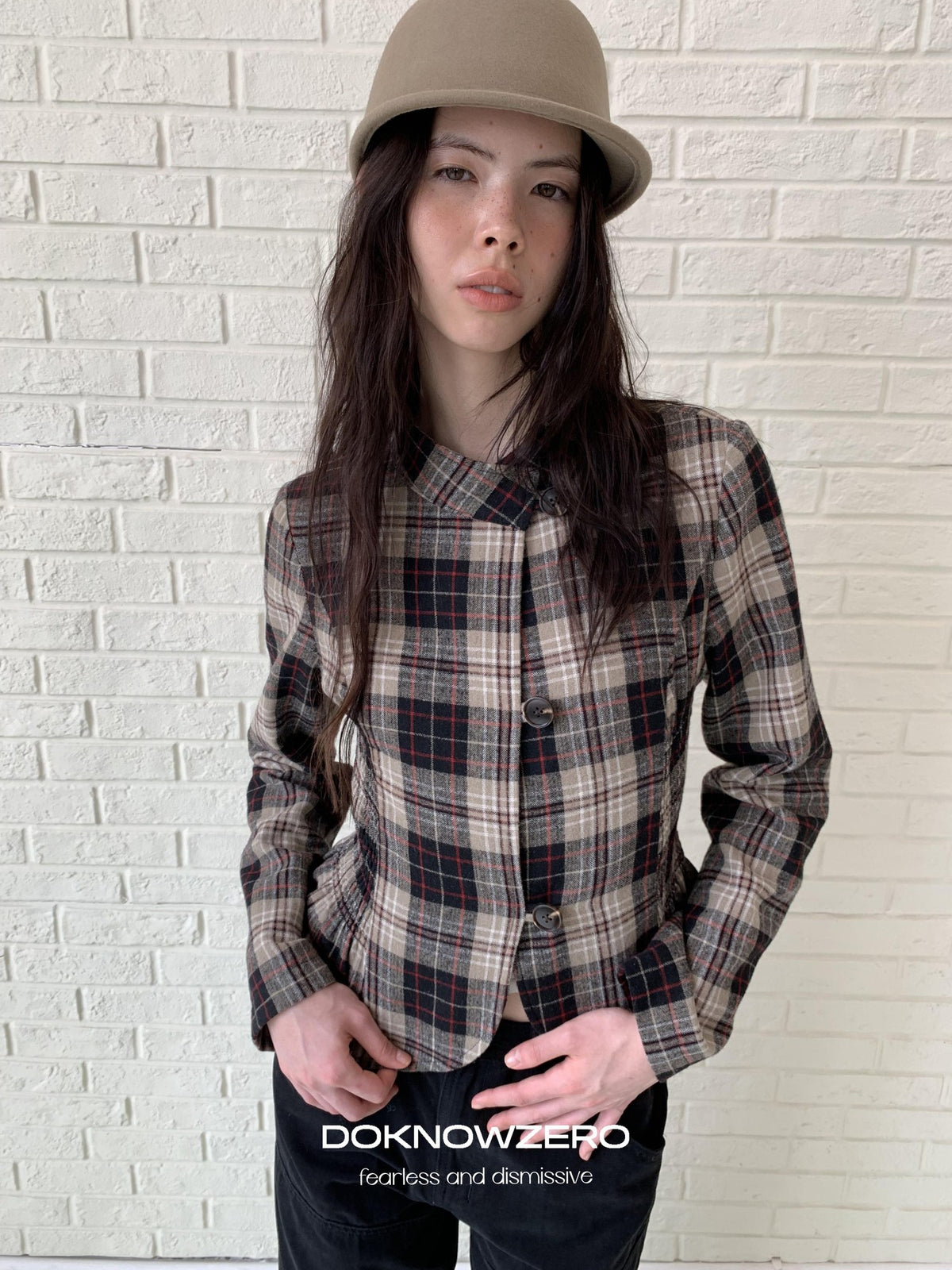 DKZ OFFICIAL Retro Plaid Cinched Waist Long Sleeve Women&