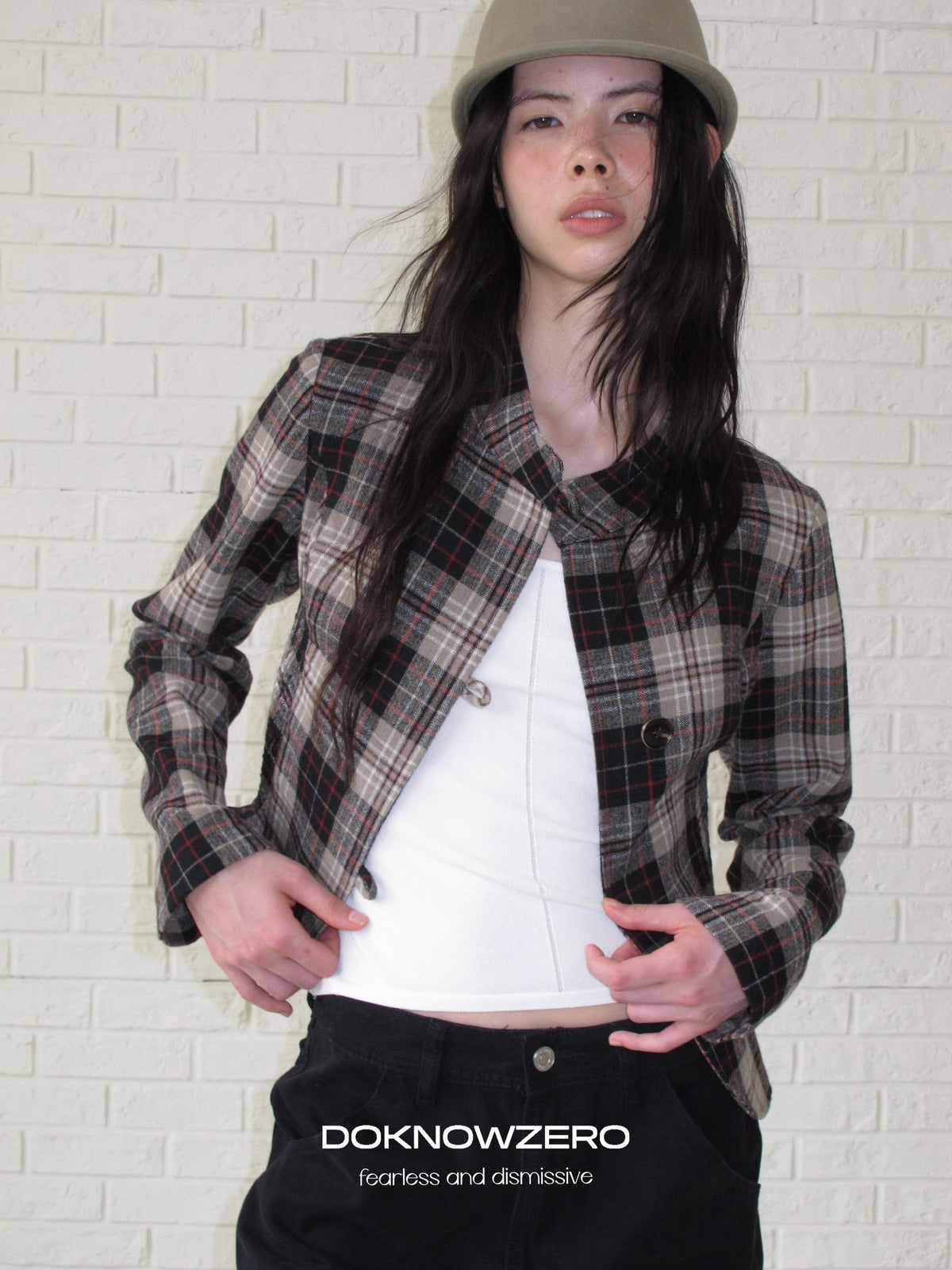 DKZ OFFICIAL Retro Plaid Cinched Waist Long Sleeve Women&