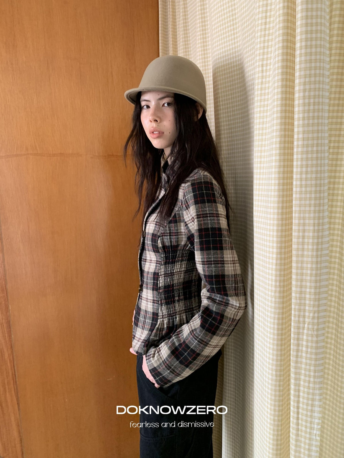 DKZ OFFICIAL Retro Plaid Cinched Waist Long Sleeve Women&