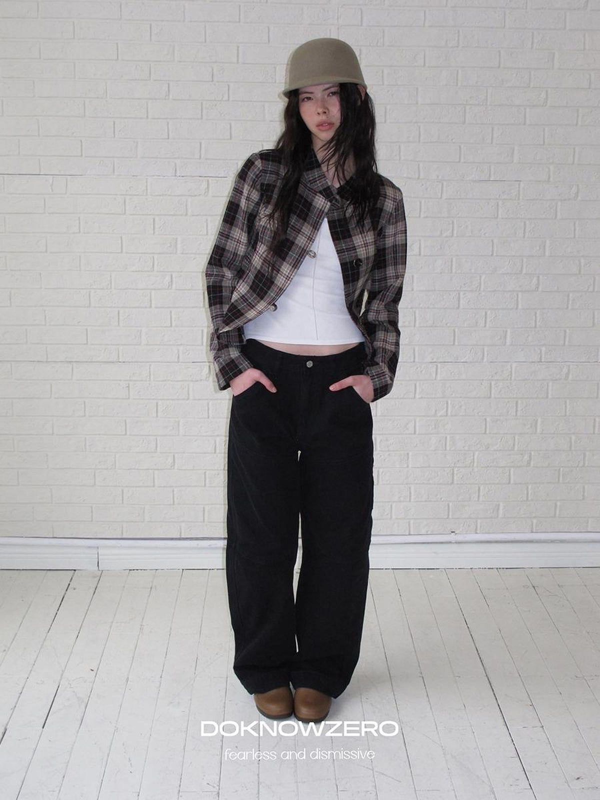 DKZ OFFICIAL Retro Plaid Cinched Waist Long Sleeve Women&