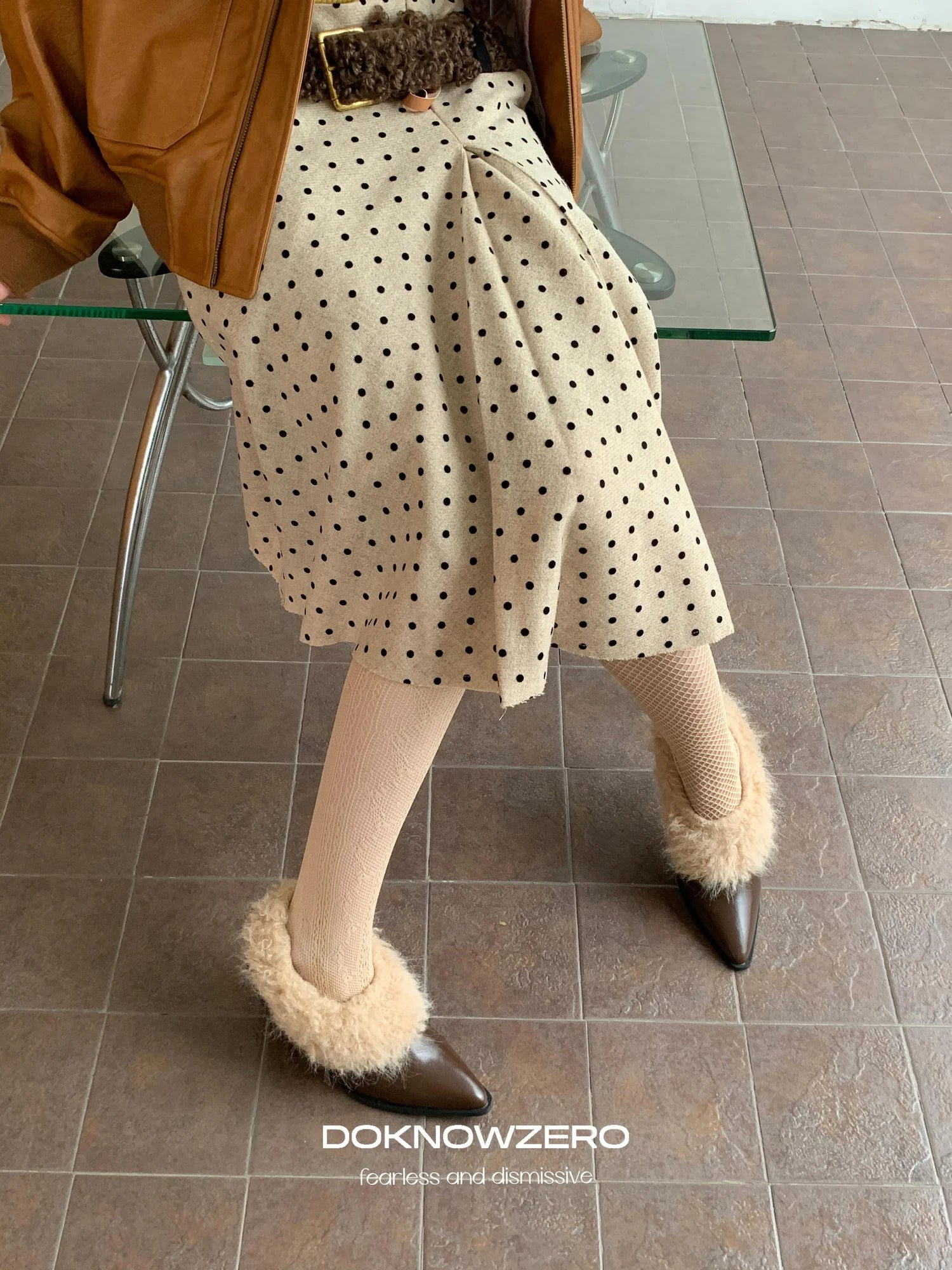 DKZ OFFICIAL Retro Polka Dot Asymmetrical Wool Skirt