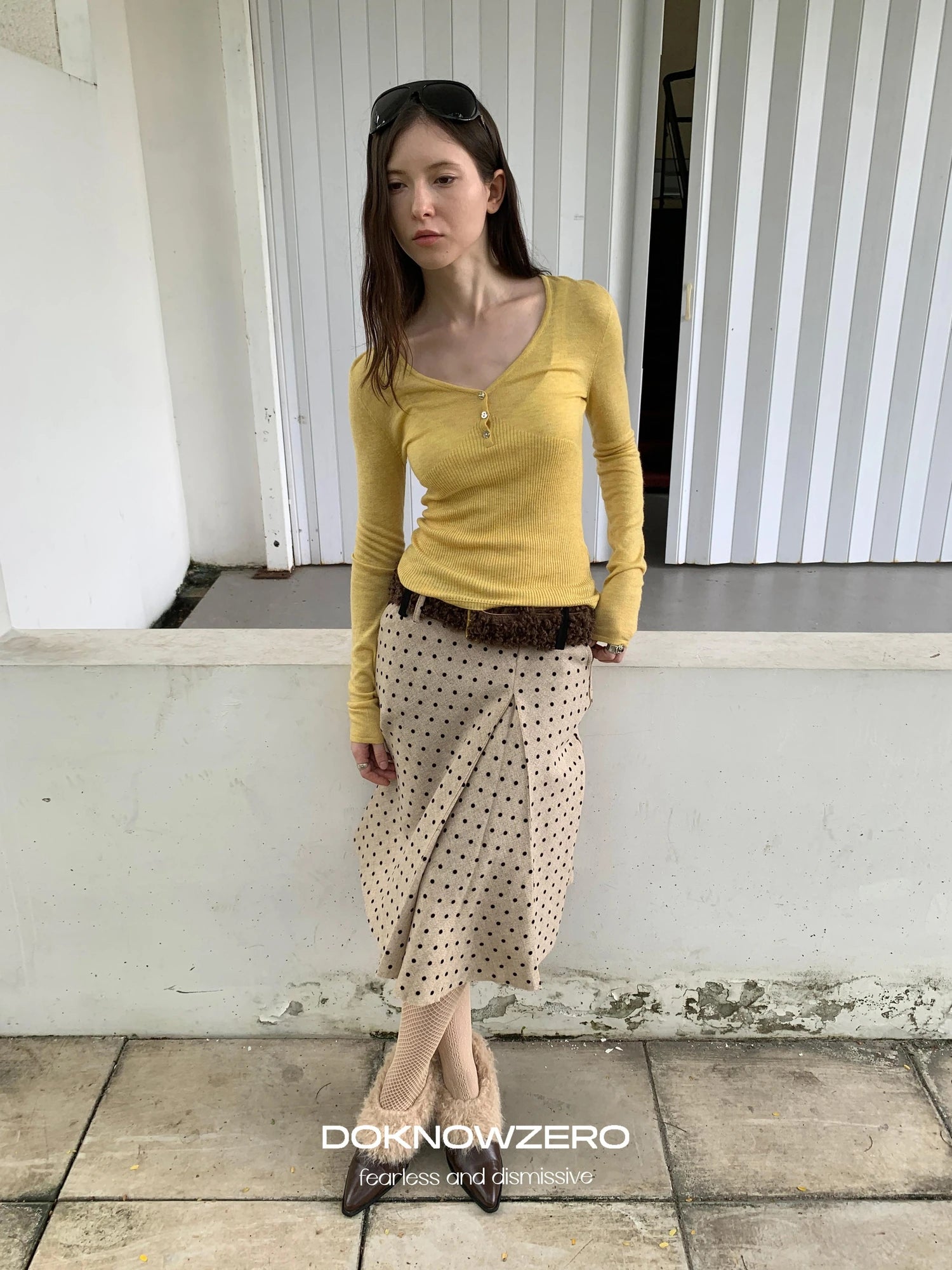 DKZ OFFICIAL Retro Polka Dot Asymmetrical Wool Skirt