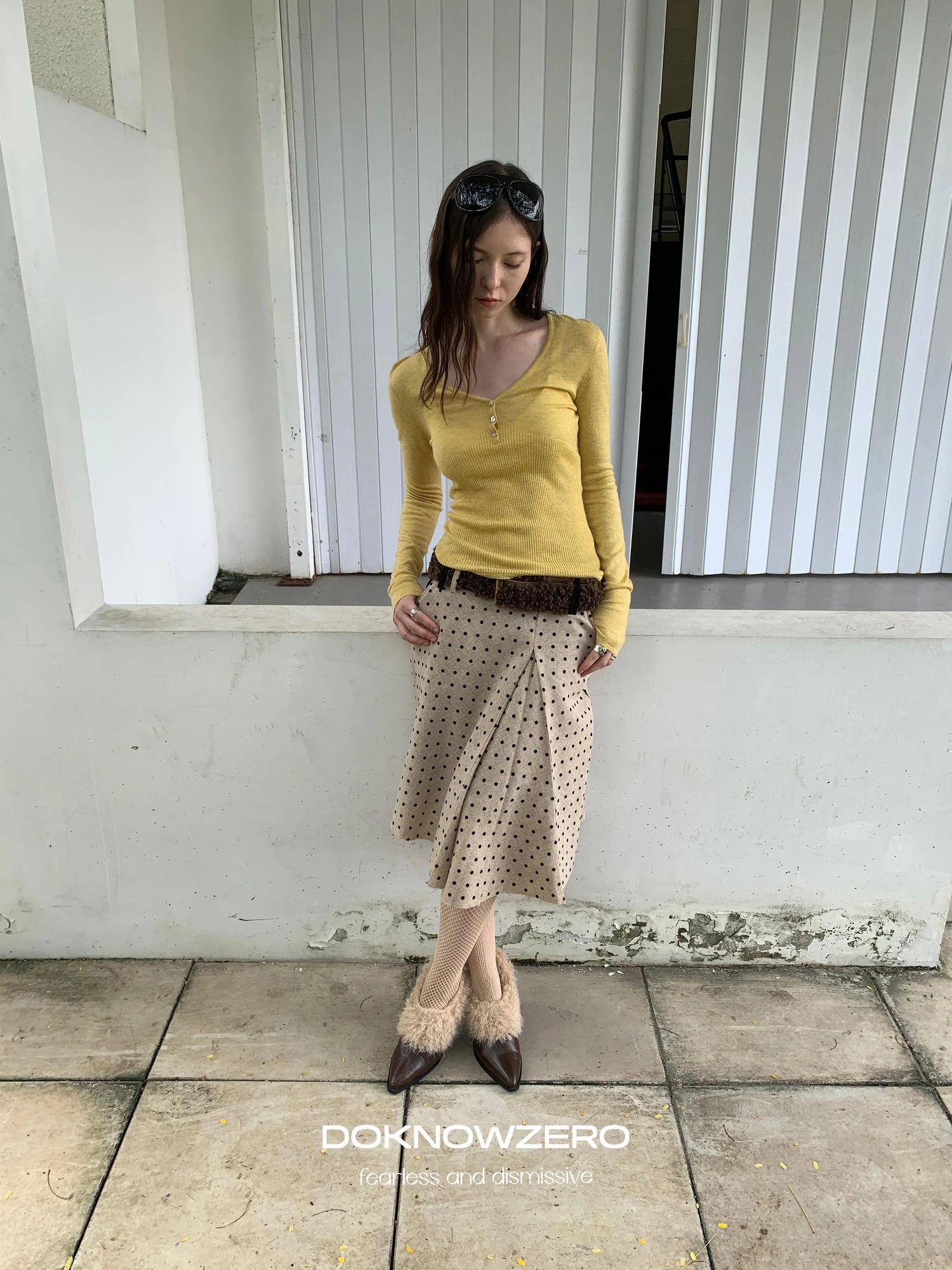 DKZ OFFICIAL Retro Polka Dot Asymmetrical Wool Skirt
