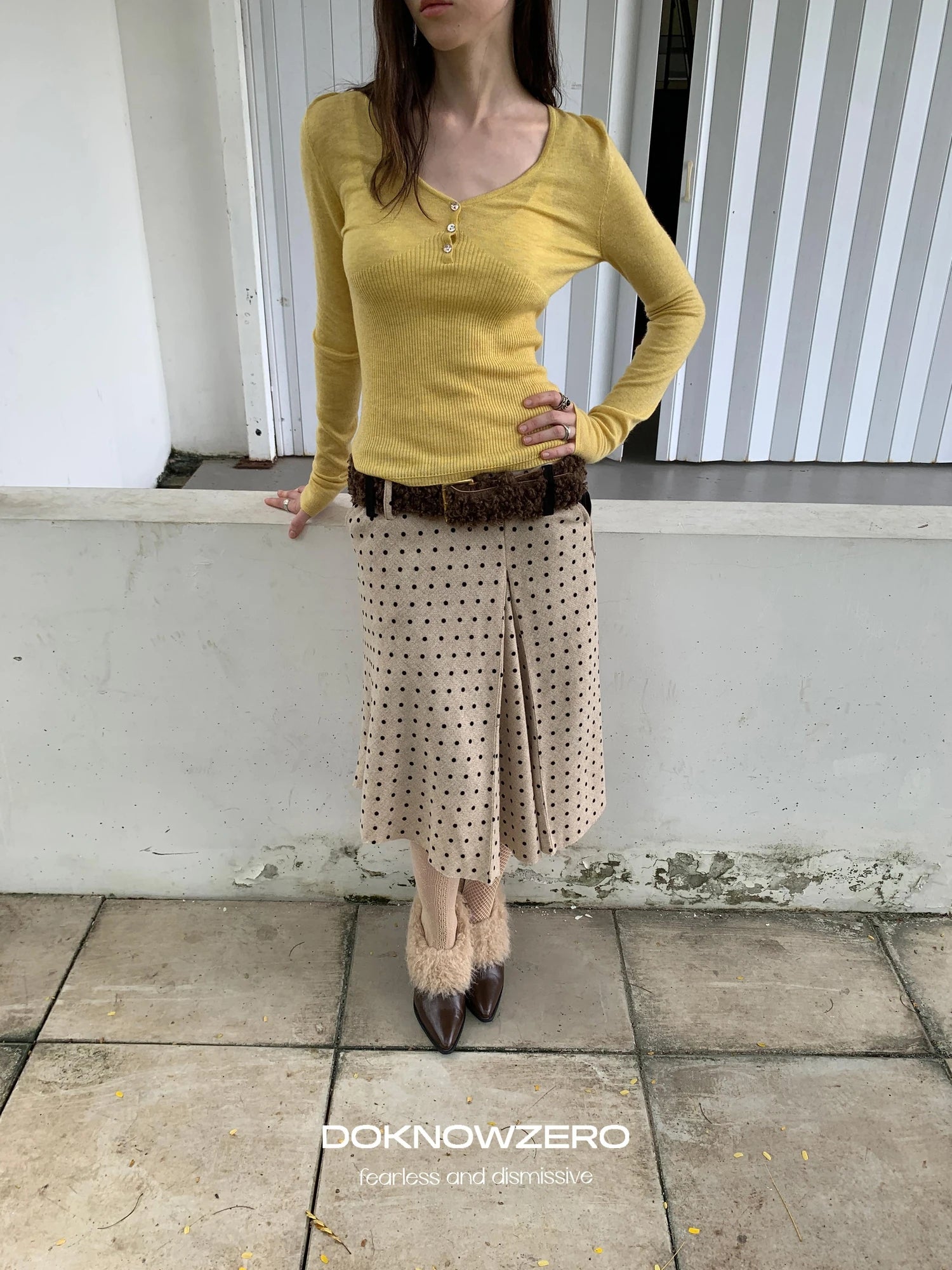 DKZ OFFICIAL Retro Polka Dot Asymmetrical Wool Skirt