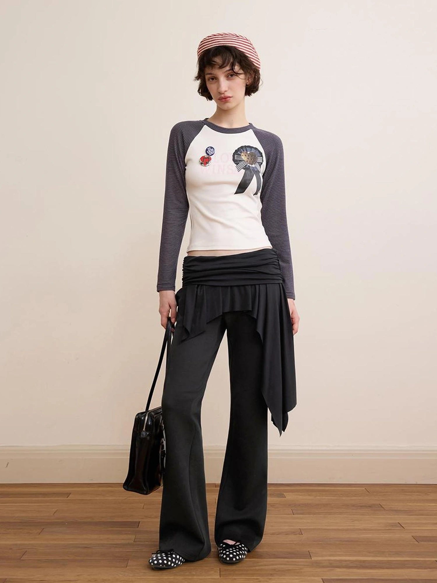 DKZ OFFICIAL Retro Striped Color Block Raglan Tee With Emblem Print
