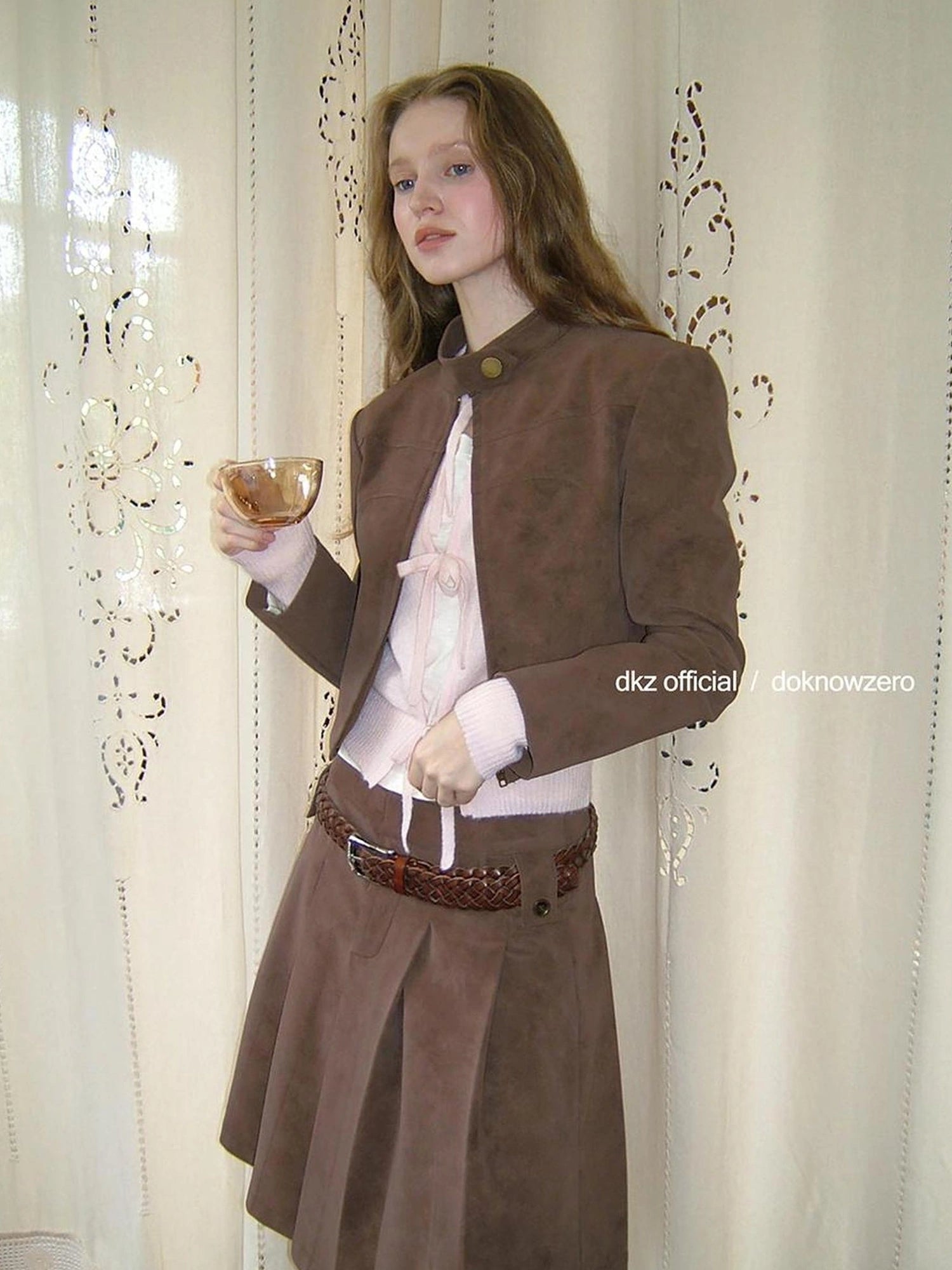 DKZ OFFICIAL Retro Suede Short Jacket And Pleated Skirt Set