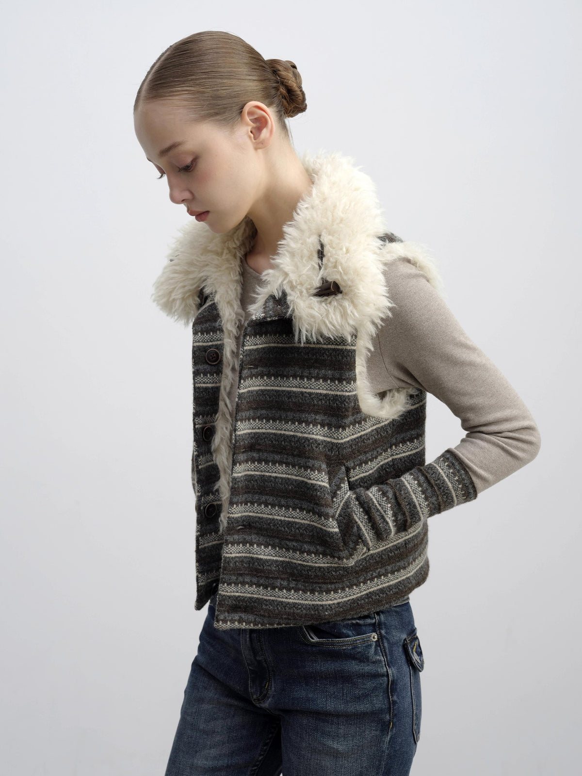DKZ OFFICIAL Reversible Fair Isle Knit Patchwork Faux Fur Women&