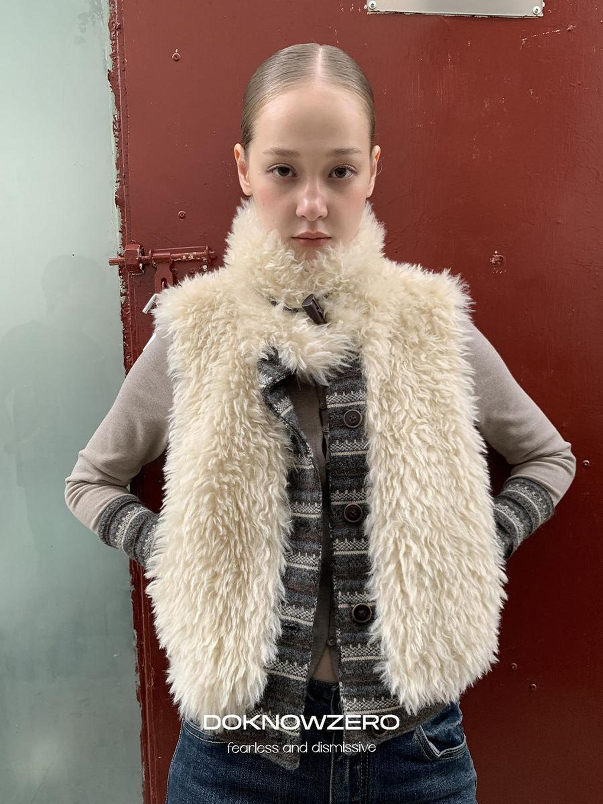 DKZ OFFICIAL Reversible Fair Isle Knit Patchwork Faux Fur Women&