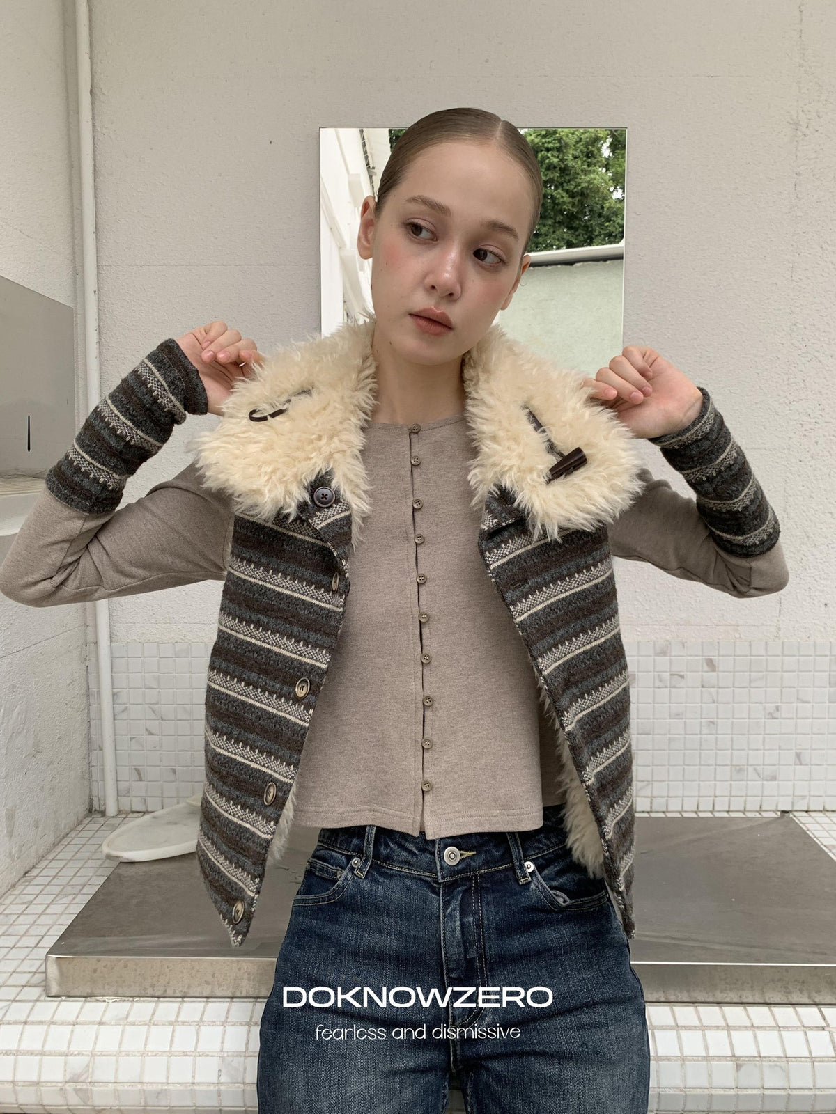 DKZ OFFICIAL Reversible Fair Isle Knit Patchwork Faux Fur Women&