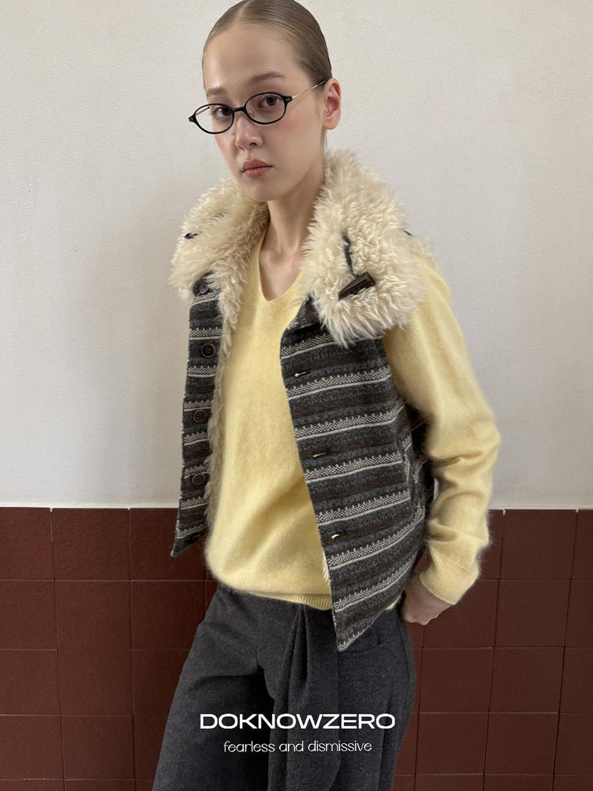 DKZ OFFICIAL Reversible Fair Isle Knit Patchwork Faux Fur Women&