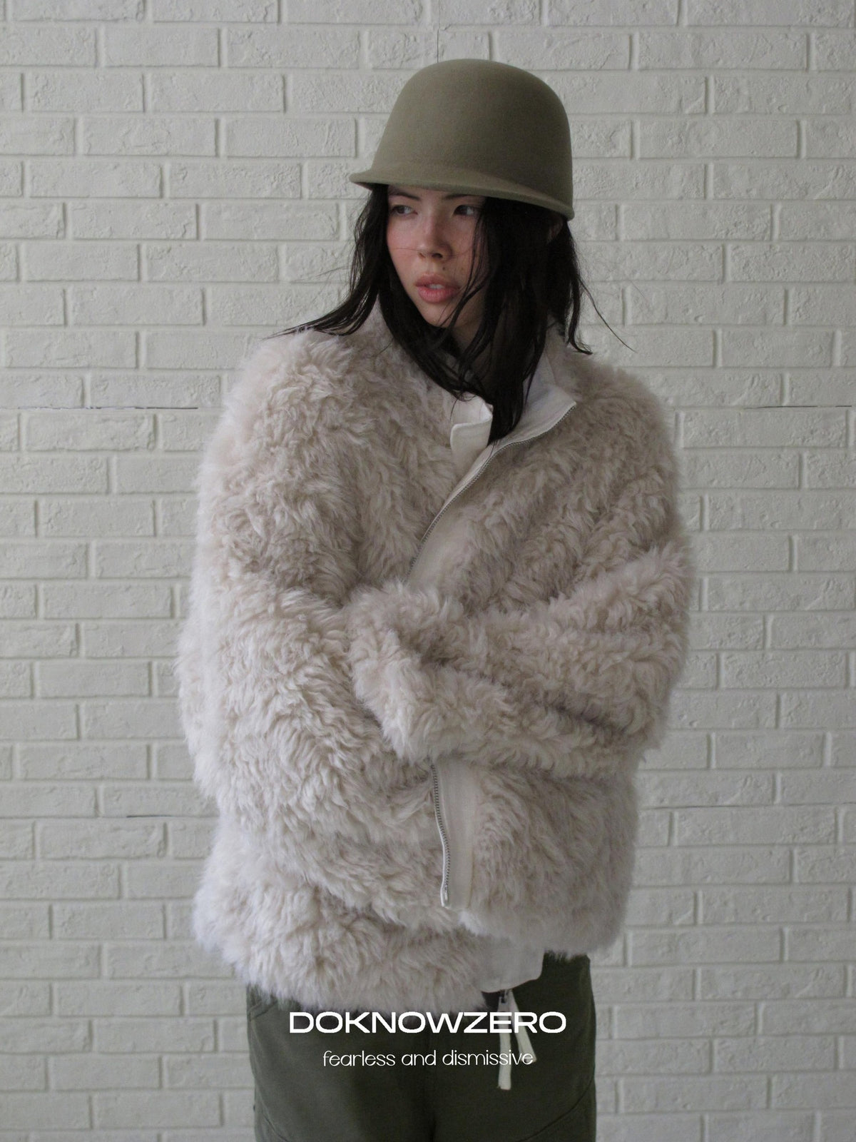 DKZ OFFICIAL Reversible Fleece Lined Stand Collar Ramie Cotton Women&
