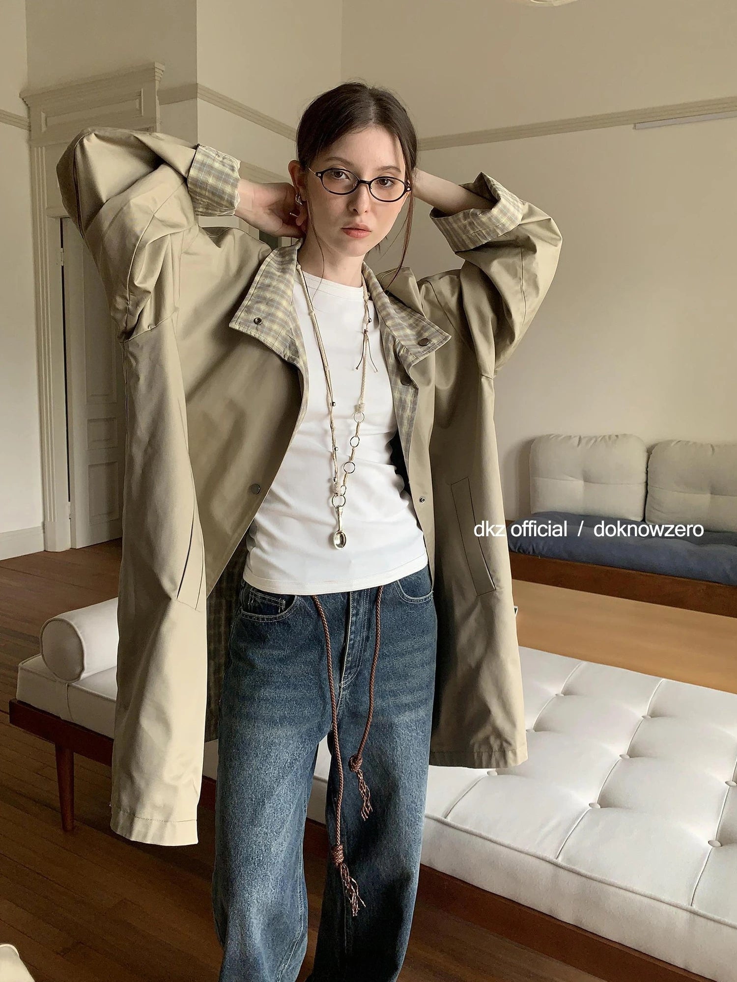 DKZ OFFICIAL Reversible Plaid Trench Coat For Women