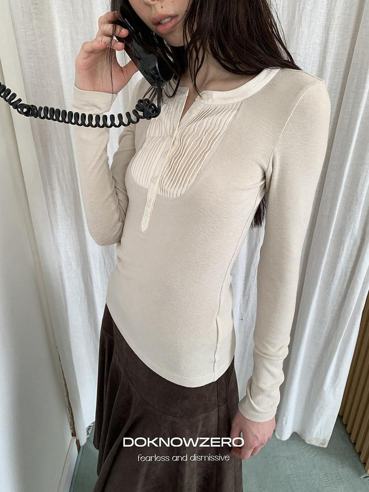 DKZ OFFICIAL Ruched Button Front Henry Neck Women&