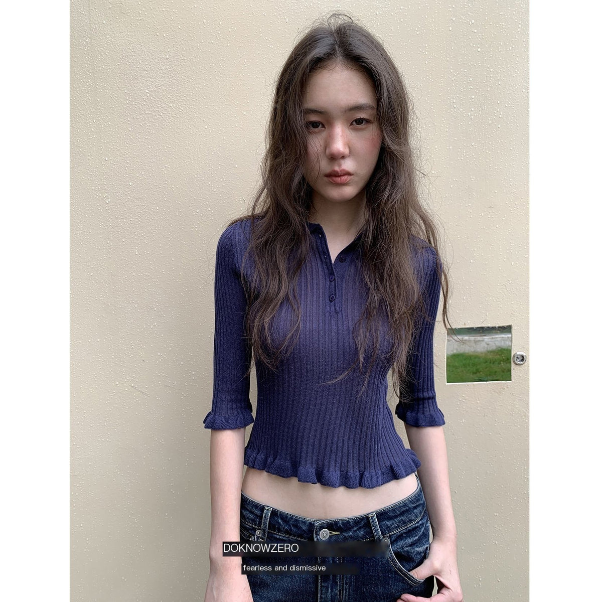 DKZ_OFFICIAL_Ruffle_Trim_Polo_Collar_Half_Sleeve_Knit_Women&