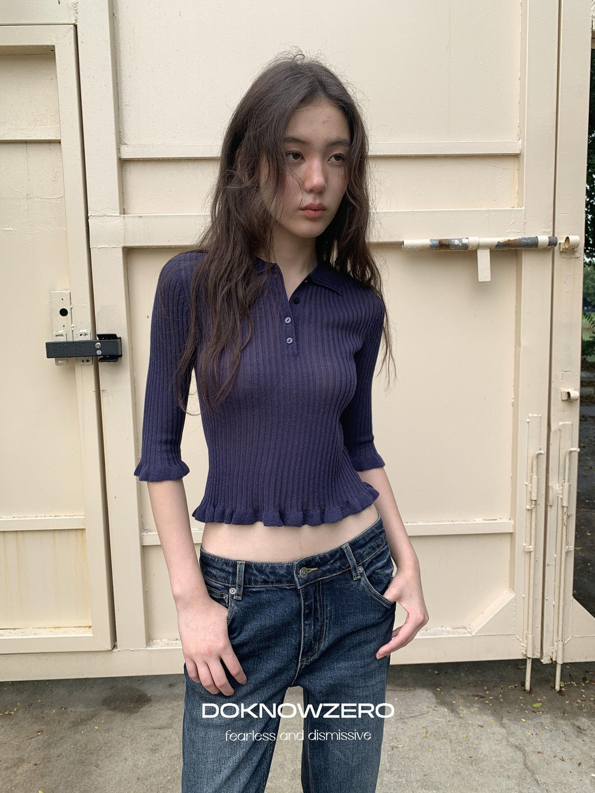 DKZ OFFICIAL Ruffle Trim Polo Collar Half Sleeve Knit Women&