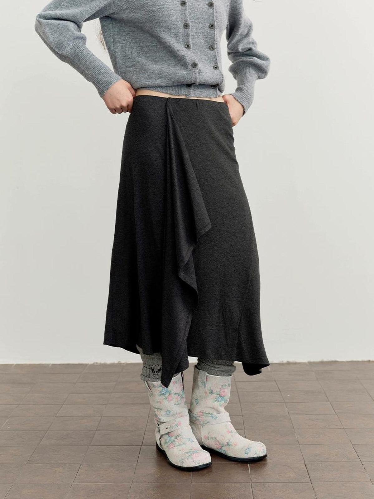 DKZ OFFICIAL Ruffled Asymmetric Patchwork Modal Wool Women&